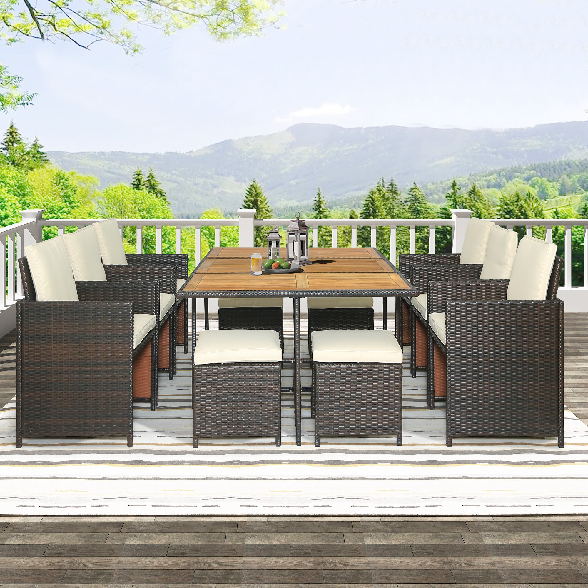 JIMSMAISON BOTMPD03BRO-BEG 11 -Piece Brown Wicker Patio Dining Set Wood Rectangle Table with 6 White Cushions Stationary Chairs