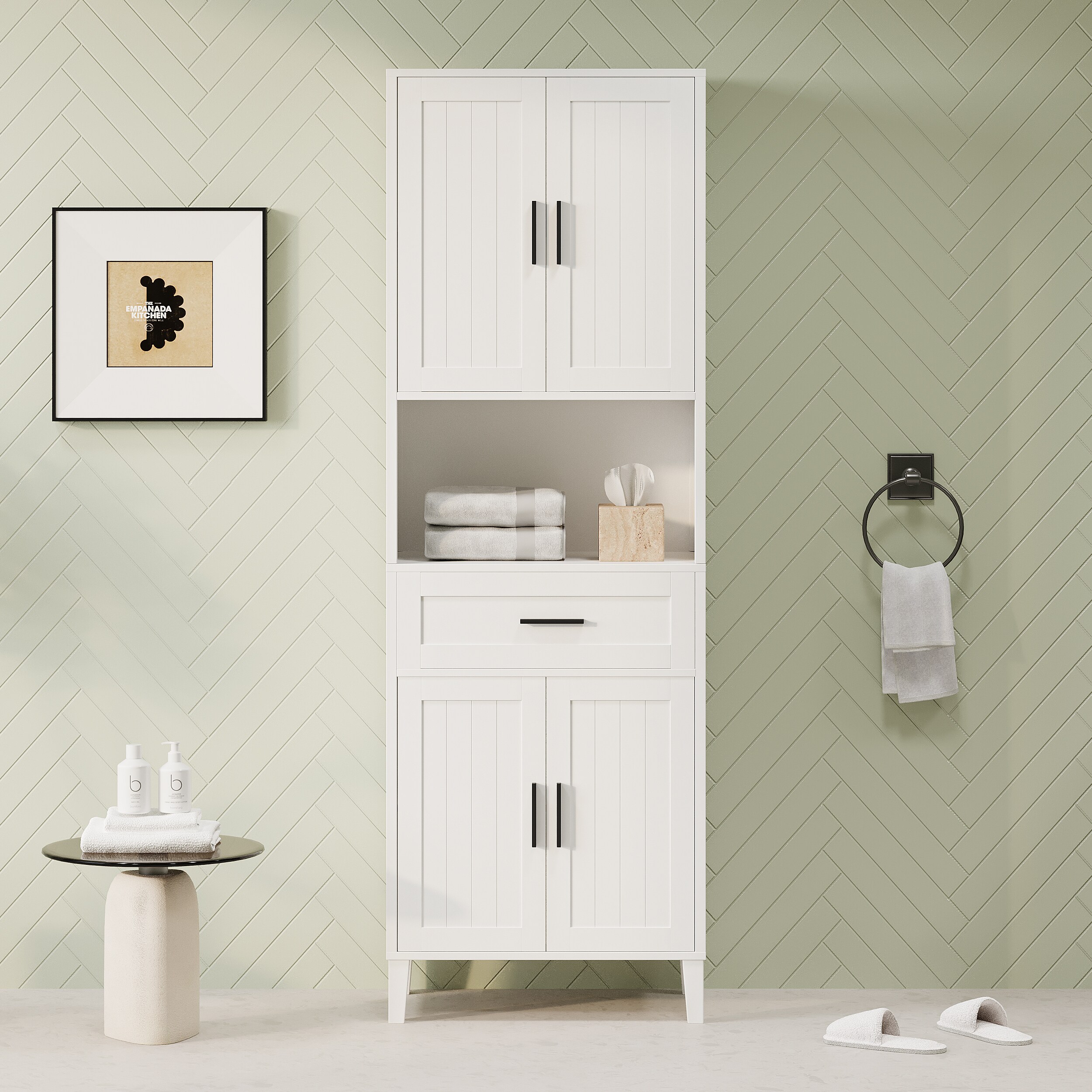 Boho Havens 70 9 High Freestanding Tall Bathroom Cabinet with a Drawer 2 Cabinets 4 Soft Close Doors 2 Adjustable Shelves Open Storage for Bathroom Living Room Laundry Room