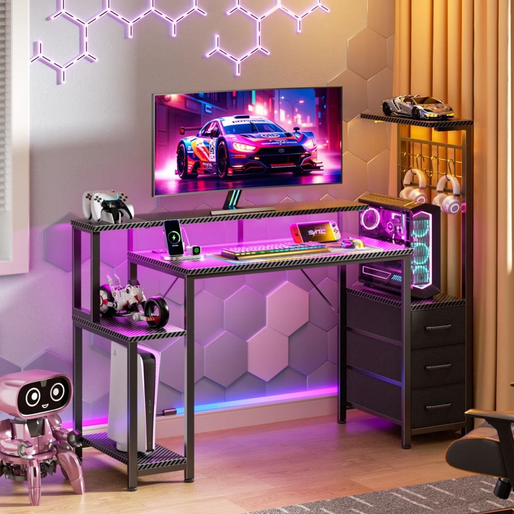 Furologee 48 Inch Gaming Computer Desk Workstation with Fabric Storage Drawers Monitor Stand and Reversible Setup for Home Office Bedroom Classic Black