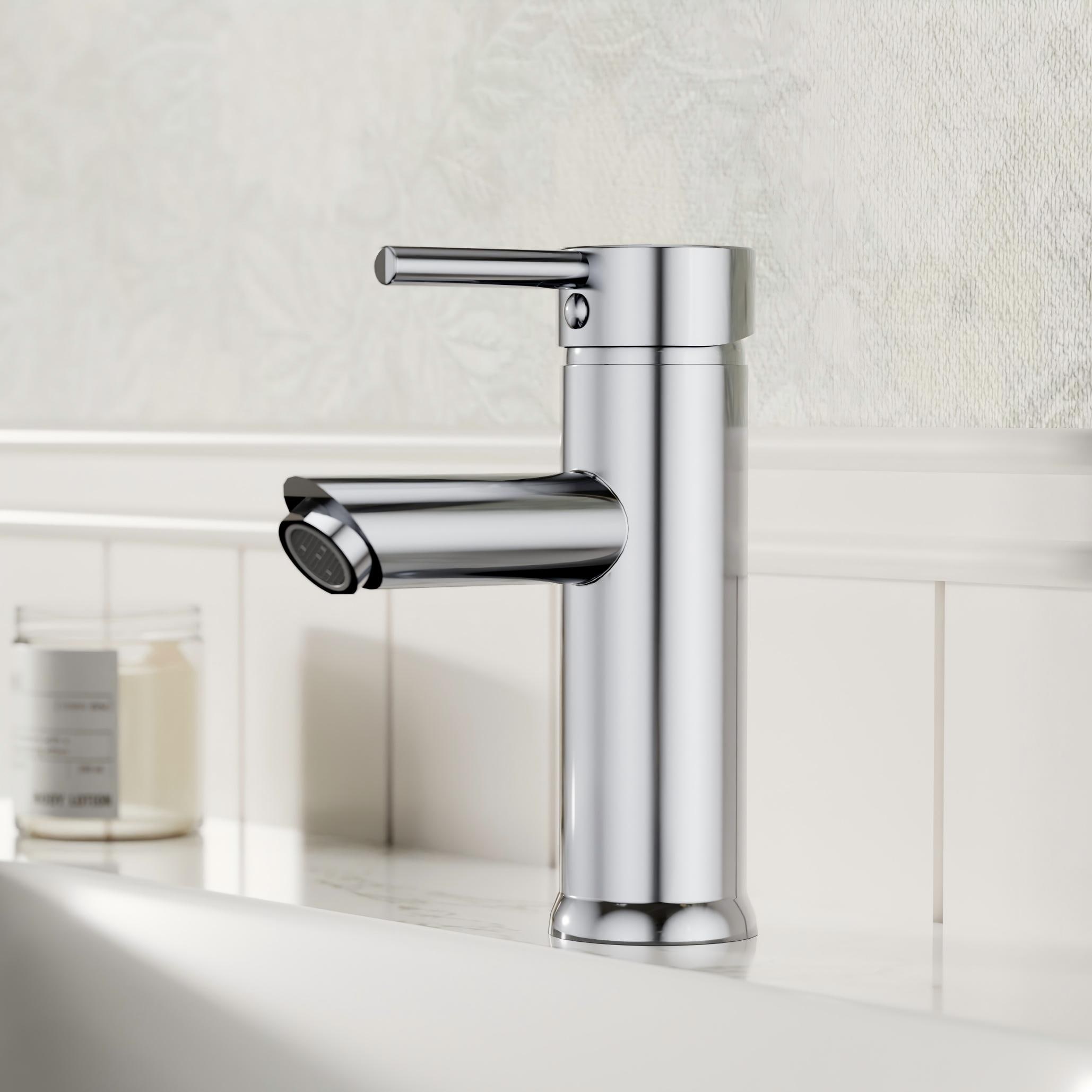 BWE Polished Chrome Single hole 1-handle WaterSense Low-arc Commercial/Residential Handle Bathroom Sink Faucet with Drain with Deck Plate