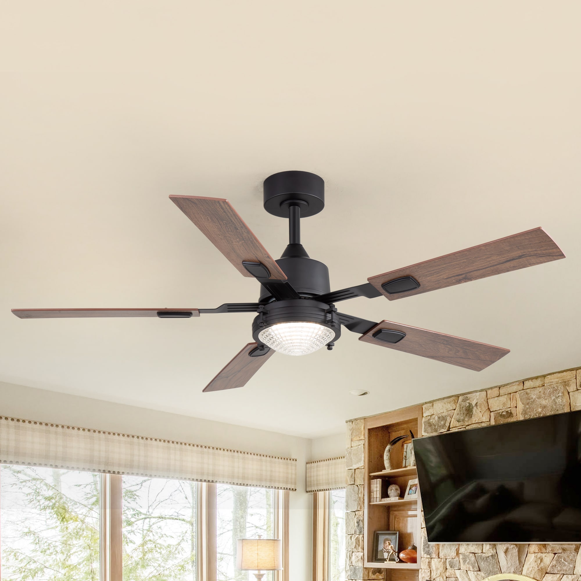 Breezary 29012-BK 52-in Color-Changing Matte Black with Dual-tone wood Blades Ceiling Fan With Light - Remote Included ( 5 -Blade )