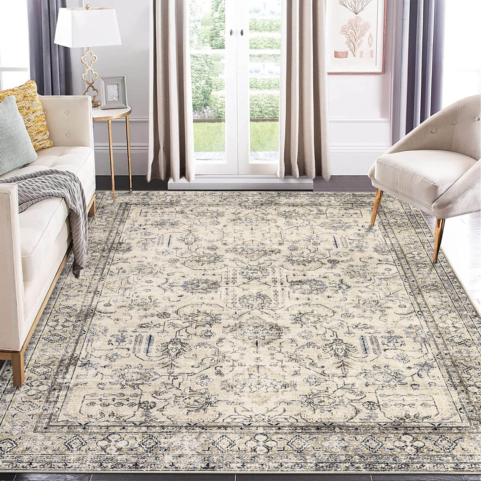 Garvee YXY-LO-PHO-0ZTAD9AI 9 x 12 (ft) Loomed Polyester Beige/Brown Rectangular Indoor Floral/Botanical Persian Machine washable Area rug