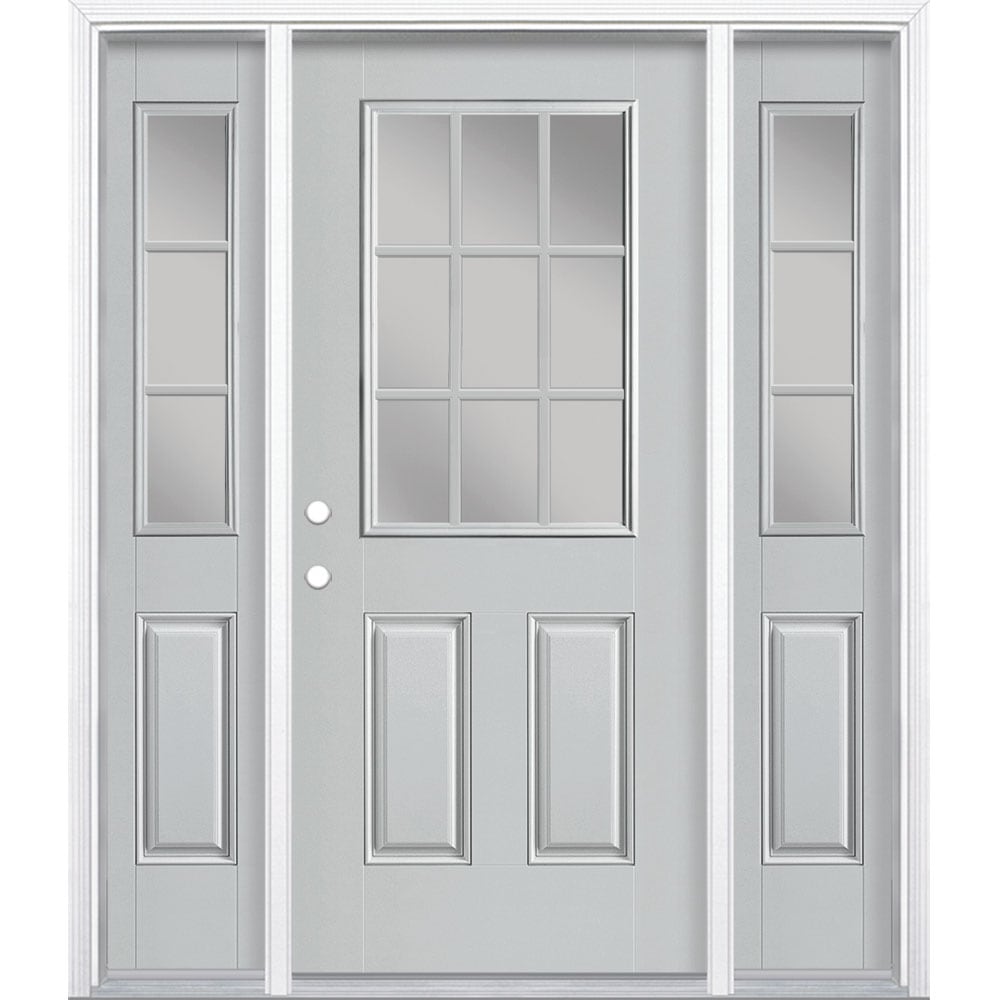 Masonite 1218802 60-in x 80-in x 4-9/16-in Fiberglass Half lite Right-hand inswing Infinity Gray Painted Prehung Front Door with Sidelights with Brickmould Insulating core with Grilles