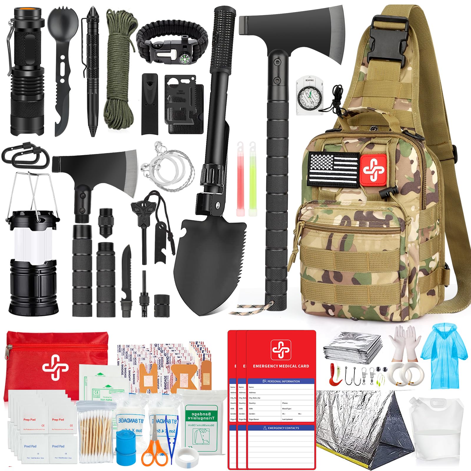 Anqtovp  Survival Kit 262pcs Emergency Gear and First Aid Kit with Crossbody Bag Tent Axe Shovel Blanket for Camping Hiking Outdoor Emergency