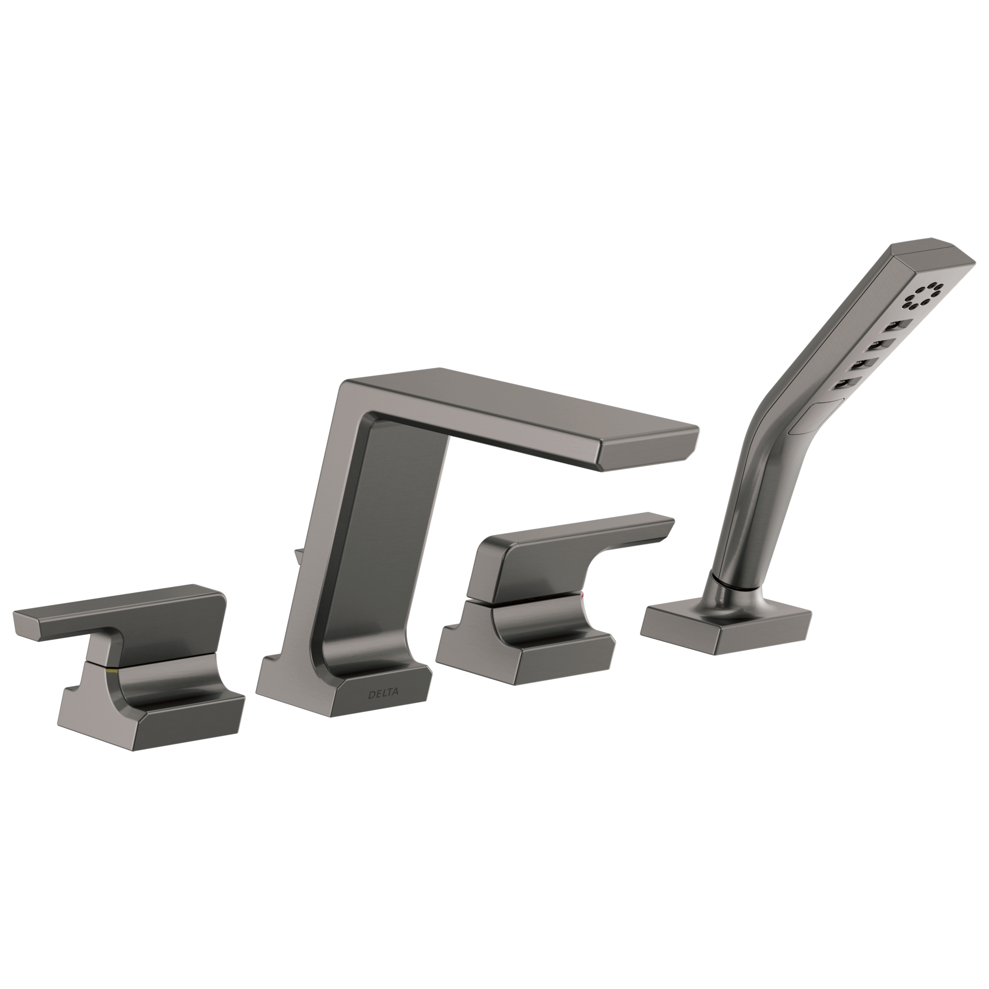 Delta T4799-KS-PR Pivotal Lumicoat Black Stainless 2-handle Deck-mount Roman Low-arc Bathtub Faucet with Hand Shower