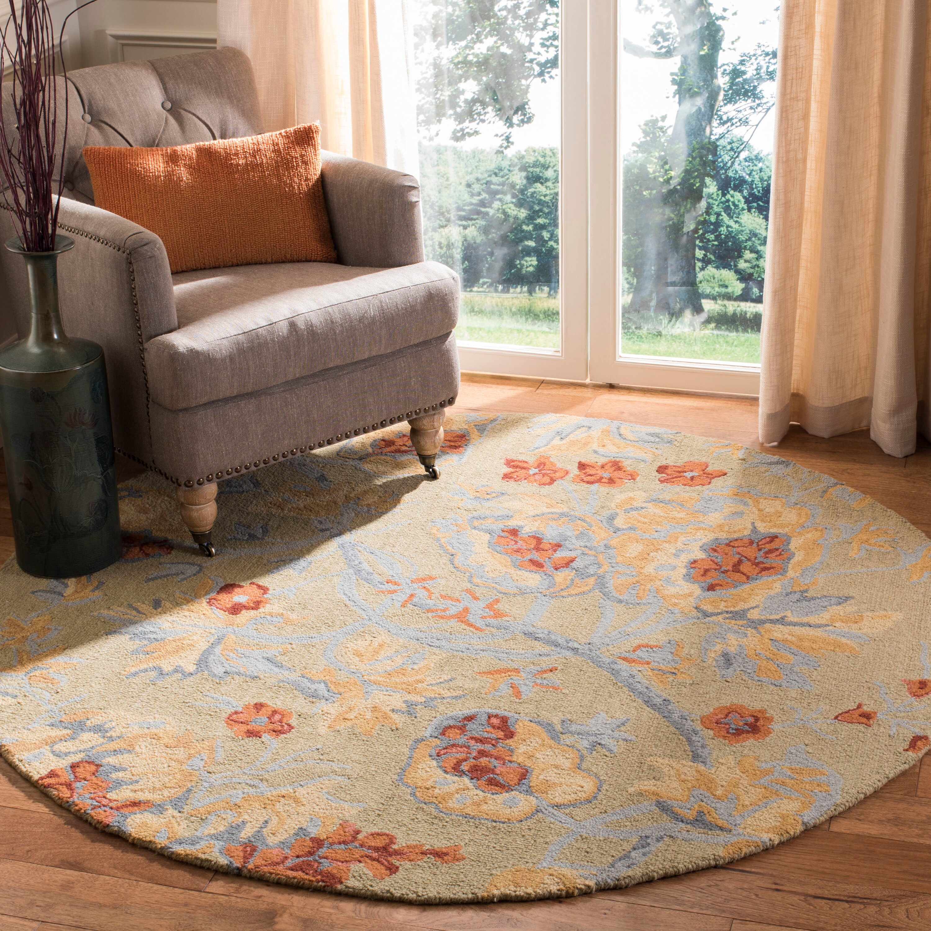 Handmade Blue Floral Tufted Wool Round Rug, 6 ft