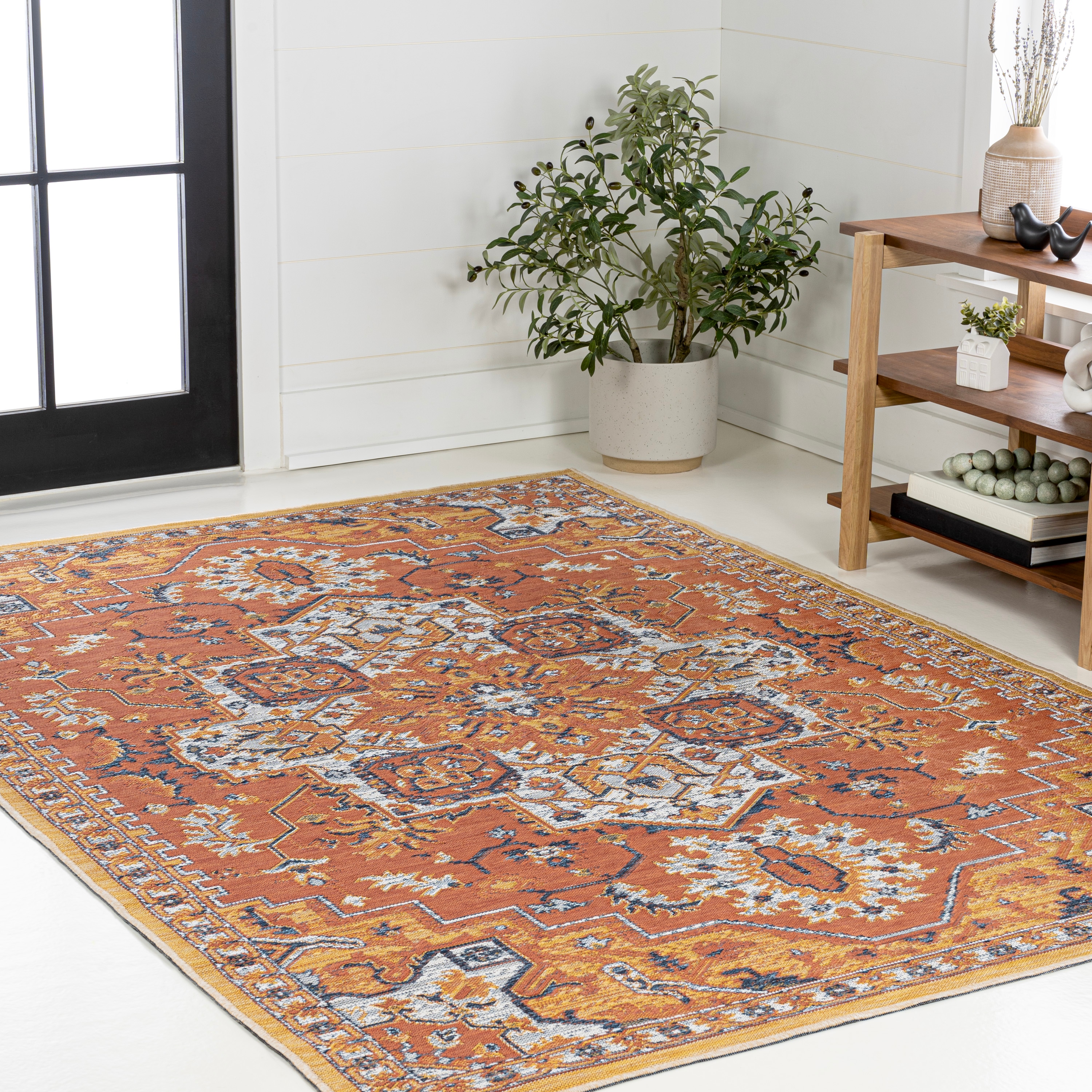 Bijan Terra Blue Cream Medallion Washable Reversible Rug 5x8