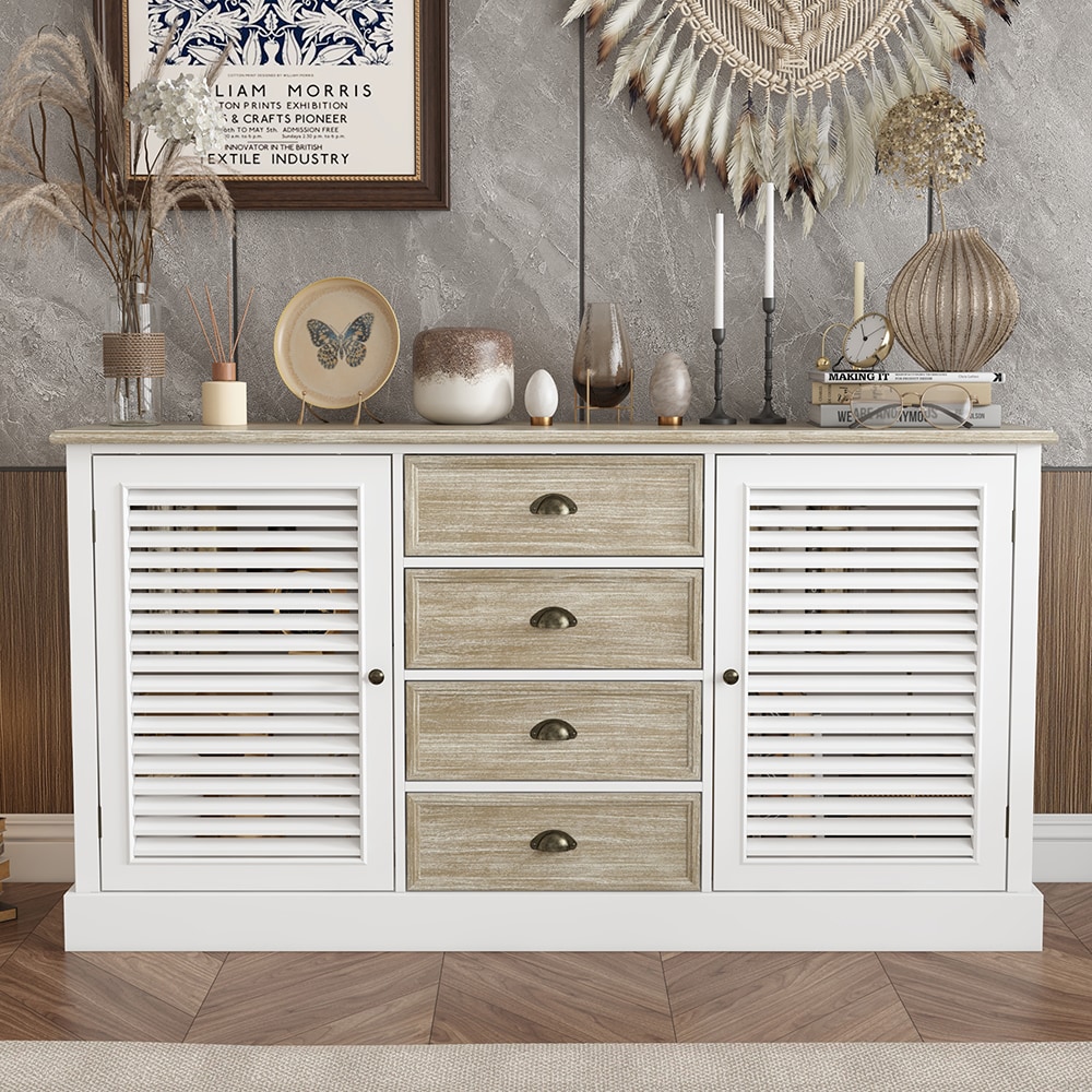 Homsee C-KF390072-01 White Wood Sideboard Console Table with Louvered Doors Drawers and Adjustable Shelves Retro Style Storage Cabinet for Versatile Home Use