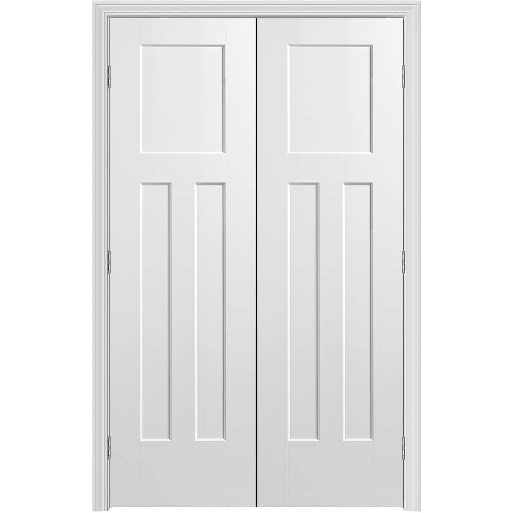 Masonite 640986 48-in x 80-in Primed Hollow core 3-panel Bi-parting Smooth Primed Molded composite Split Jamb Double Prehung Interior Door 351 Casing