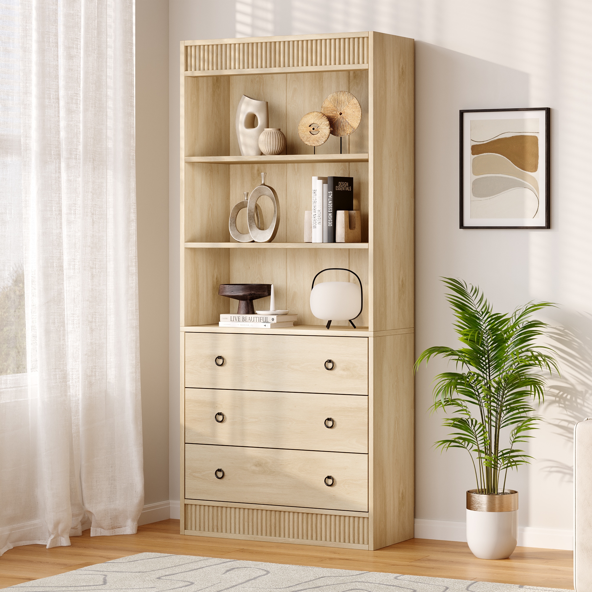 IdealHouse Natural 70 8 Inch Tall 30 Inch Wide 6 Tier Fluted Bookshelf ...