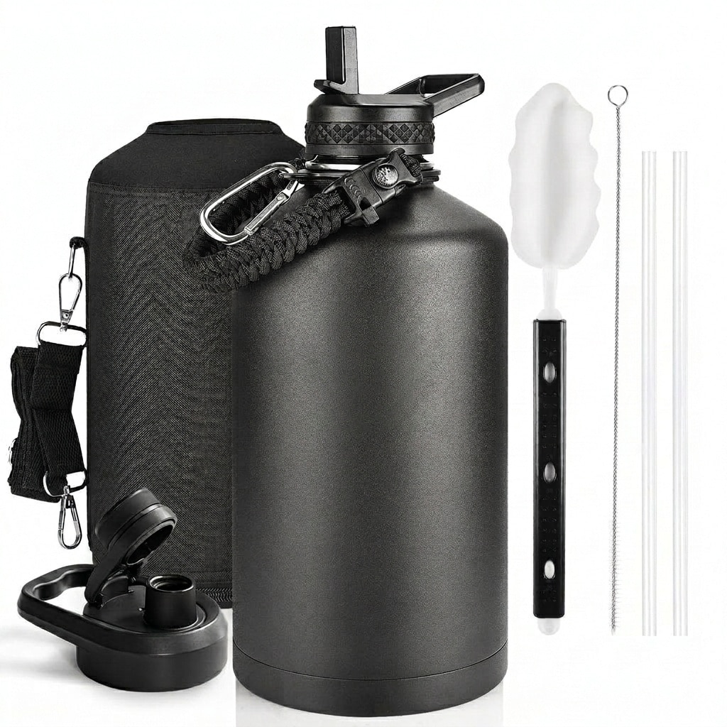 Justincity  One Gallon Water Bottle Insulated Triple Wall Stainless Steel Cold 48 Hours Leak Proof Non BPA Paracord Handle Straw Lid Large Bottle