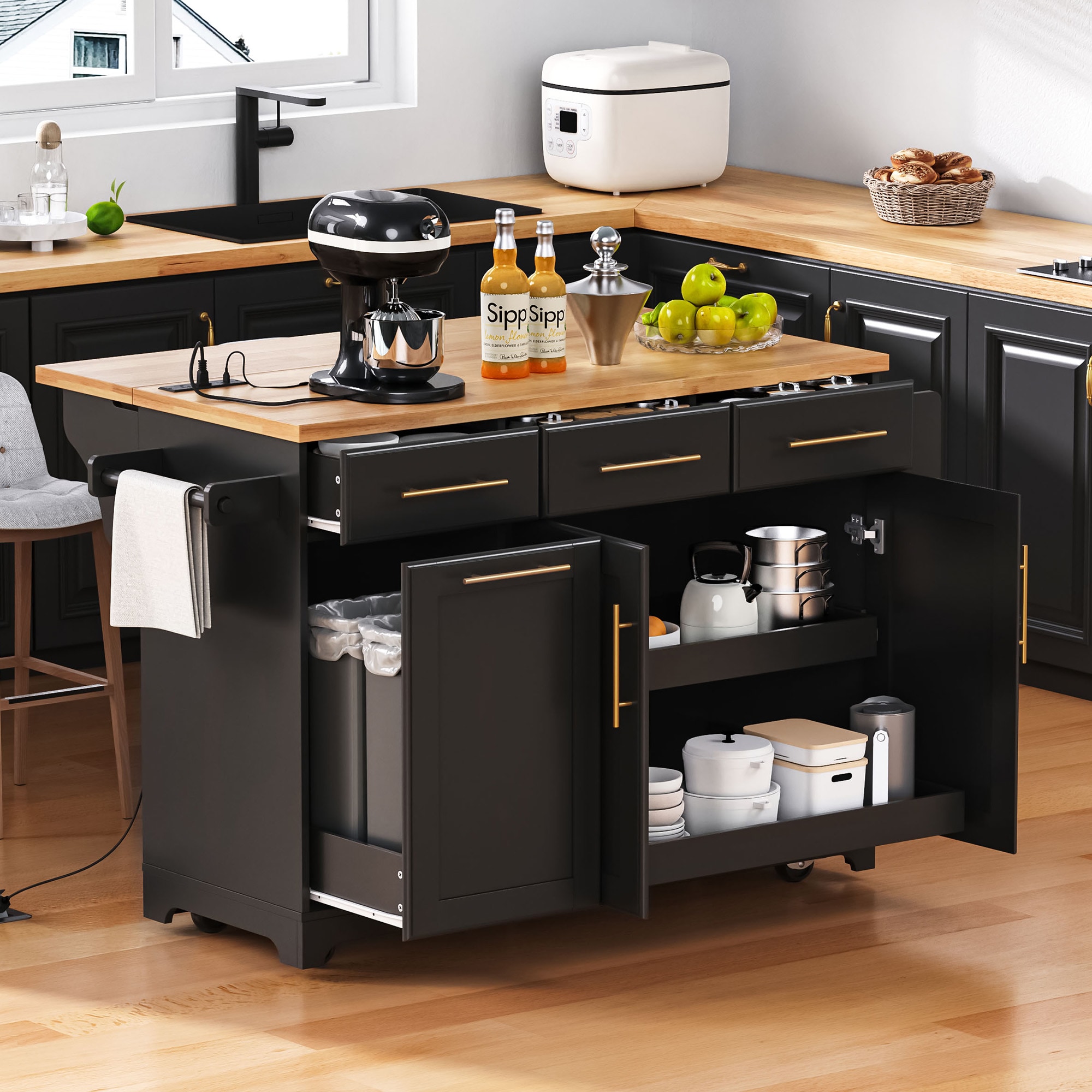 ModernLuxe L3P-N707P299014B 59.3inch Kitchen Island with Storage 2 Pull Out Cabinet Organizers  Rubber Wood Drop Leaf Rolling Kitchen Island with Trash Can Storage Power Outlet Spice  Towel Rack for Kitchen Dining Black