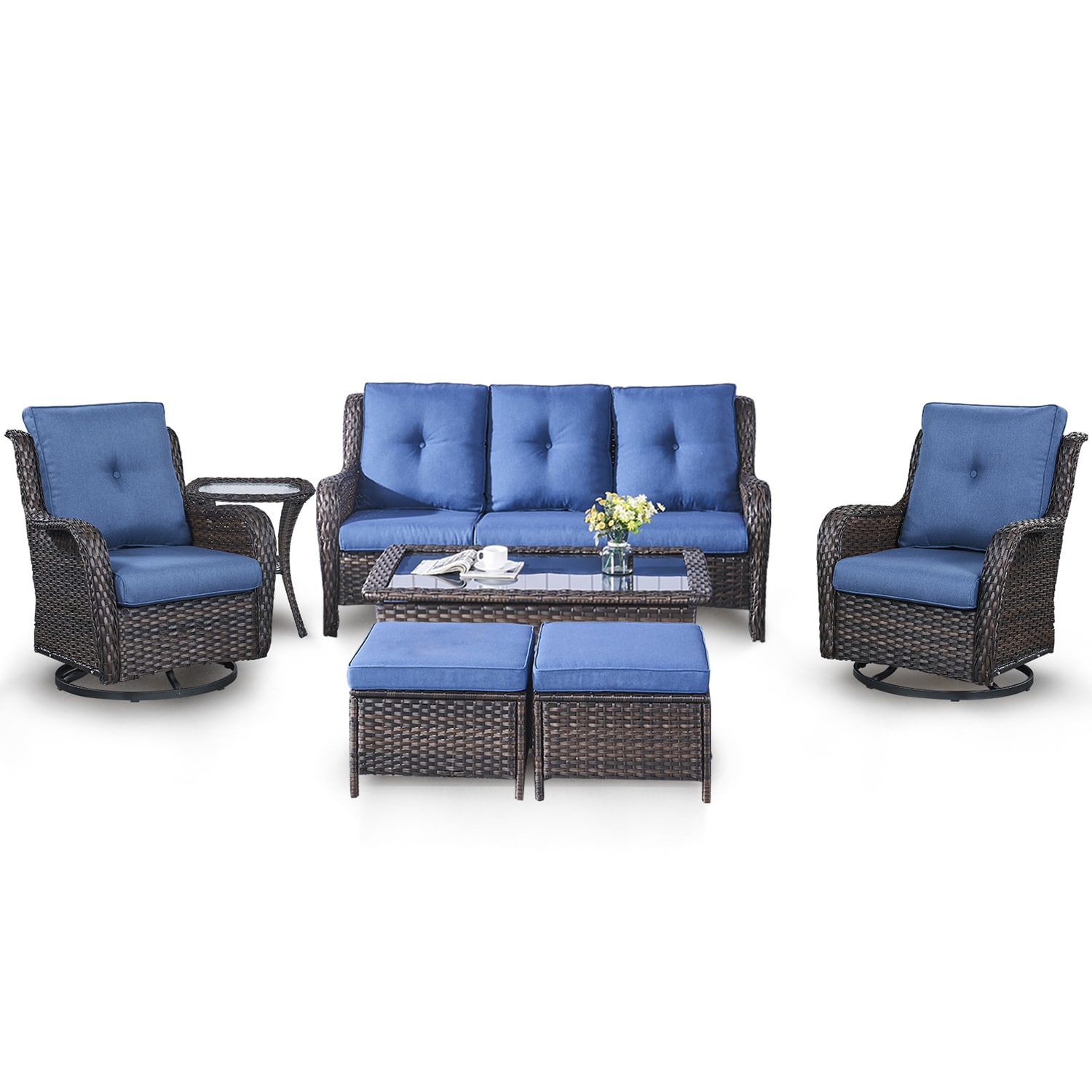 Curved Handrail 7-Piece Wicker Patio Conversation Set with Blue Cushions | - Rilyson FS013018025023014-1