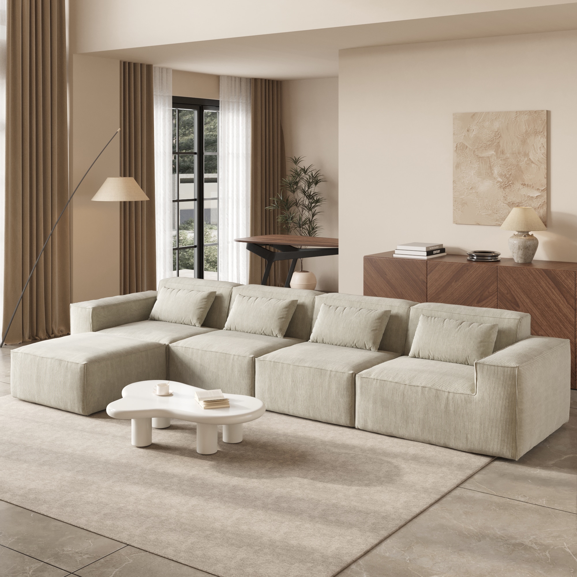 BuotiqHom DH-SF4+1-130BE 149.6-Inches Modern Beige Velvet 4 -seater Loveseat