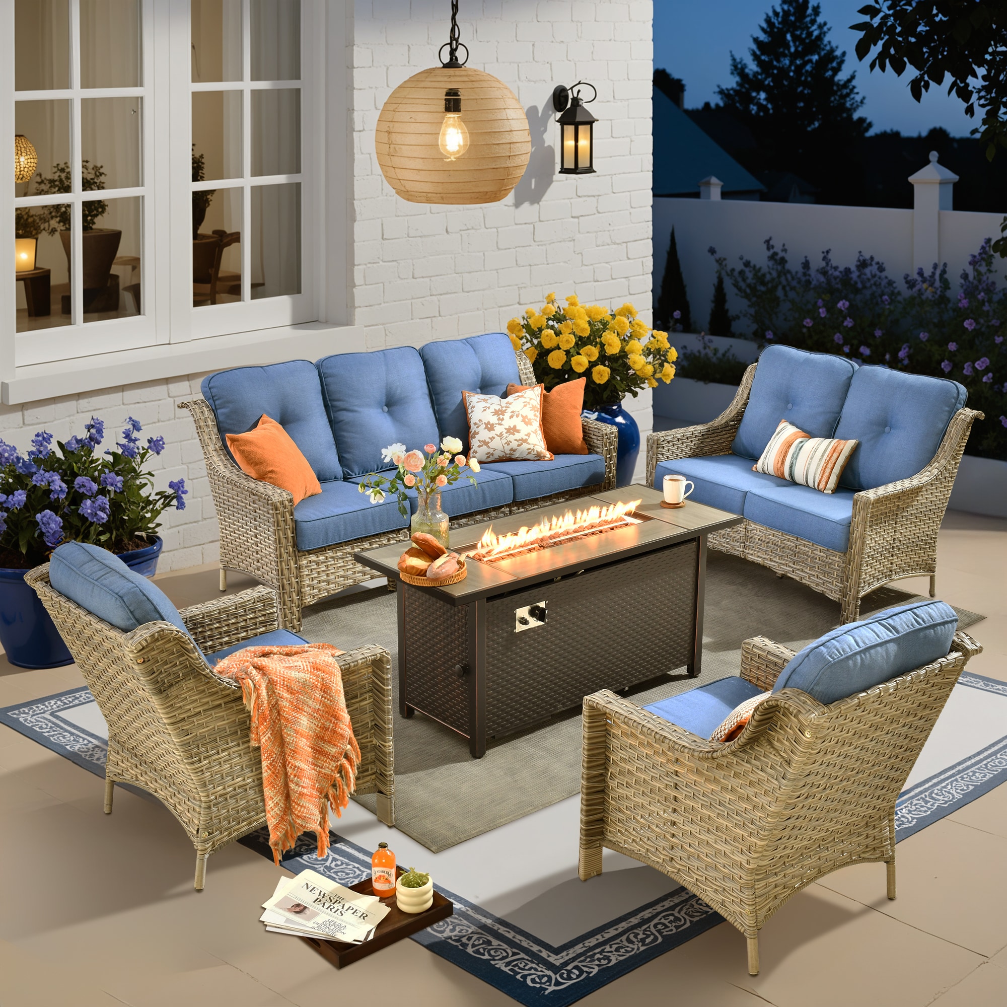 XIZZI XIPADF5044-IFP54 Pyrophyllite 5 -Piece Rattan Patio Sofa Conversation Set with Blue Cushions