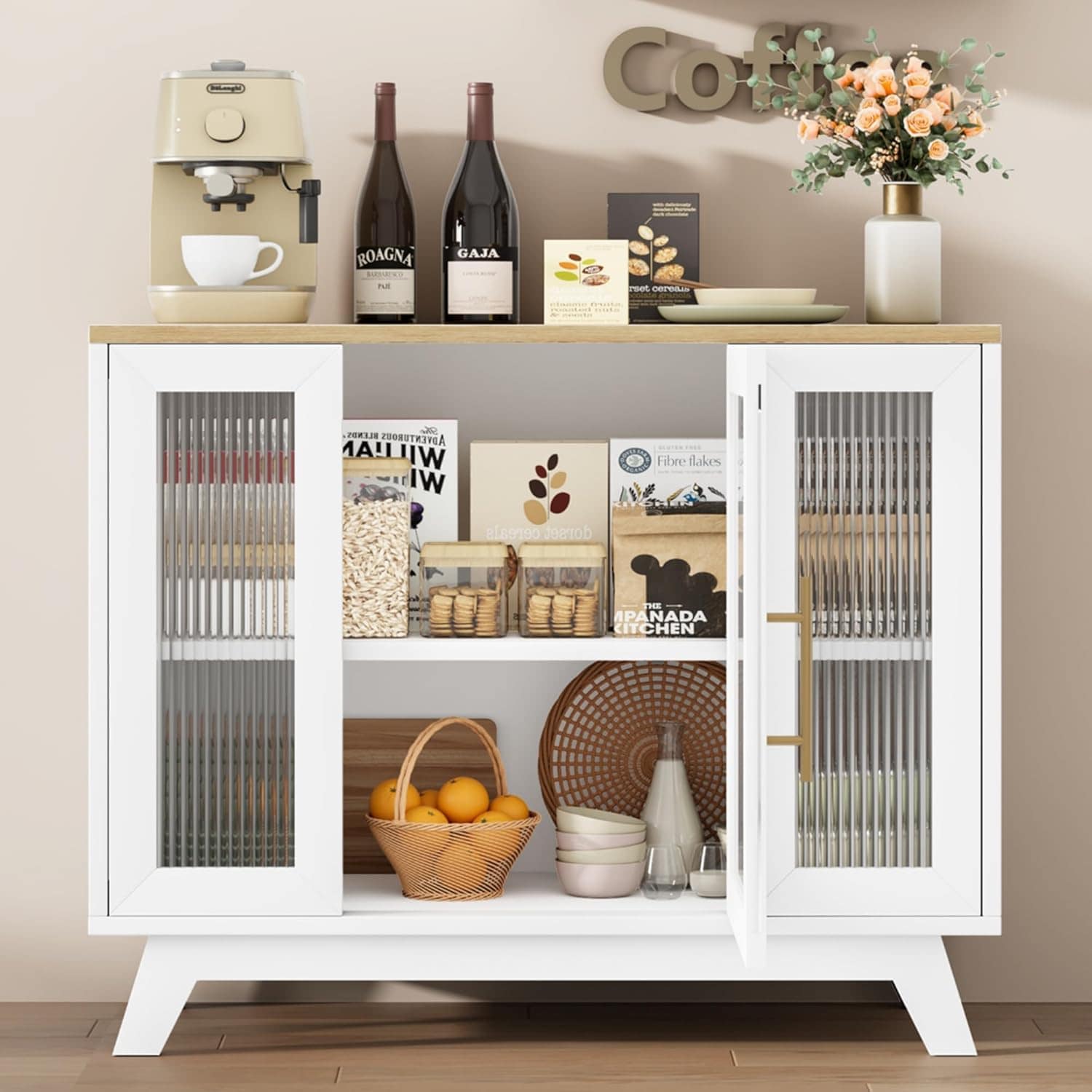 Qeetex AWEPHO10EK6C2T 36 Inch Small Buffet Storage Cabinet with Adjustable Shelf and Fluted Glass Door Mid-Century Modern Design White Top