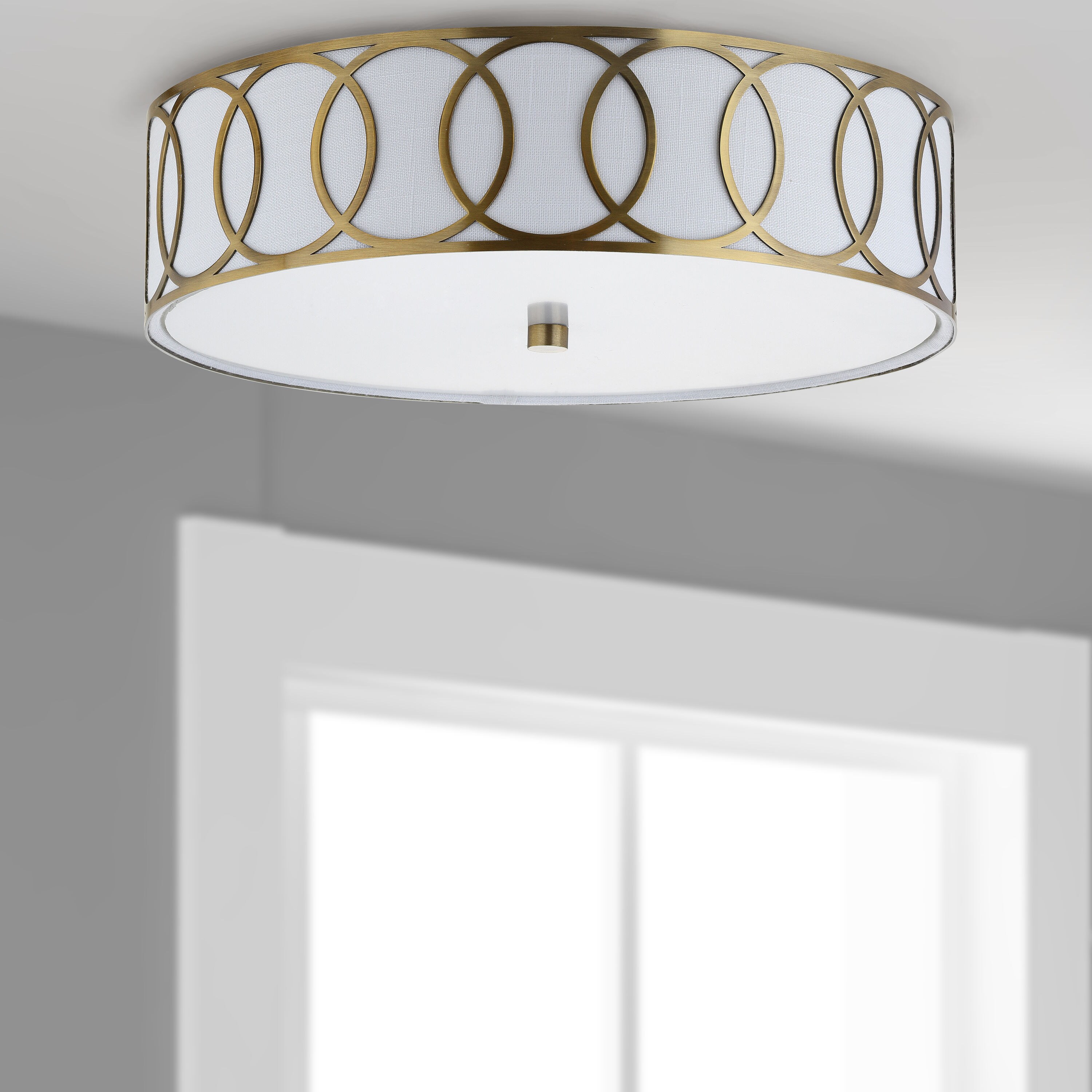 Aubrey Brass Gold 15.5" Drum LED Flush Mount with Linen Shade