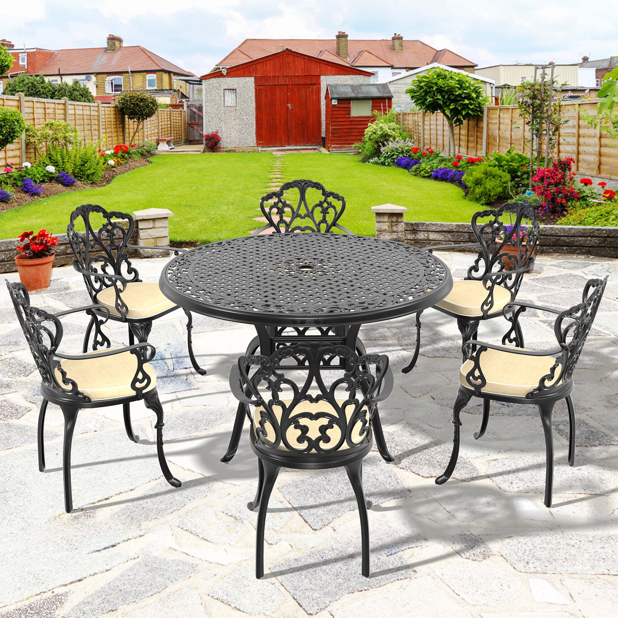 nicesure SLBK6047CZ6A1033RC 7 -Piece Black Patio Dining Set Aluminum Round Table with 6 Cushions Stationary Chairs