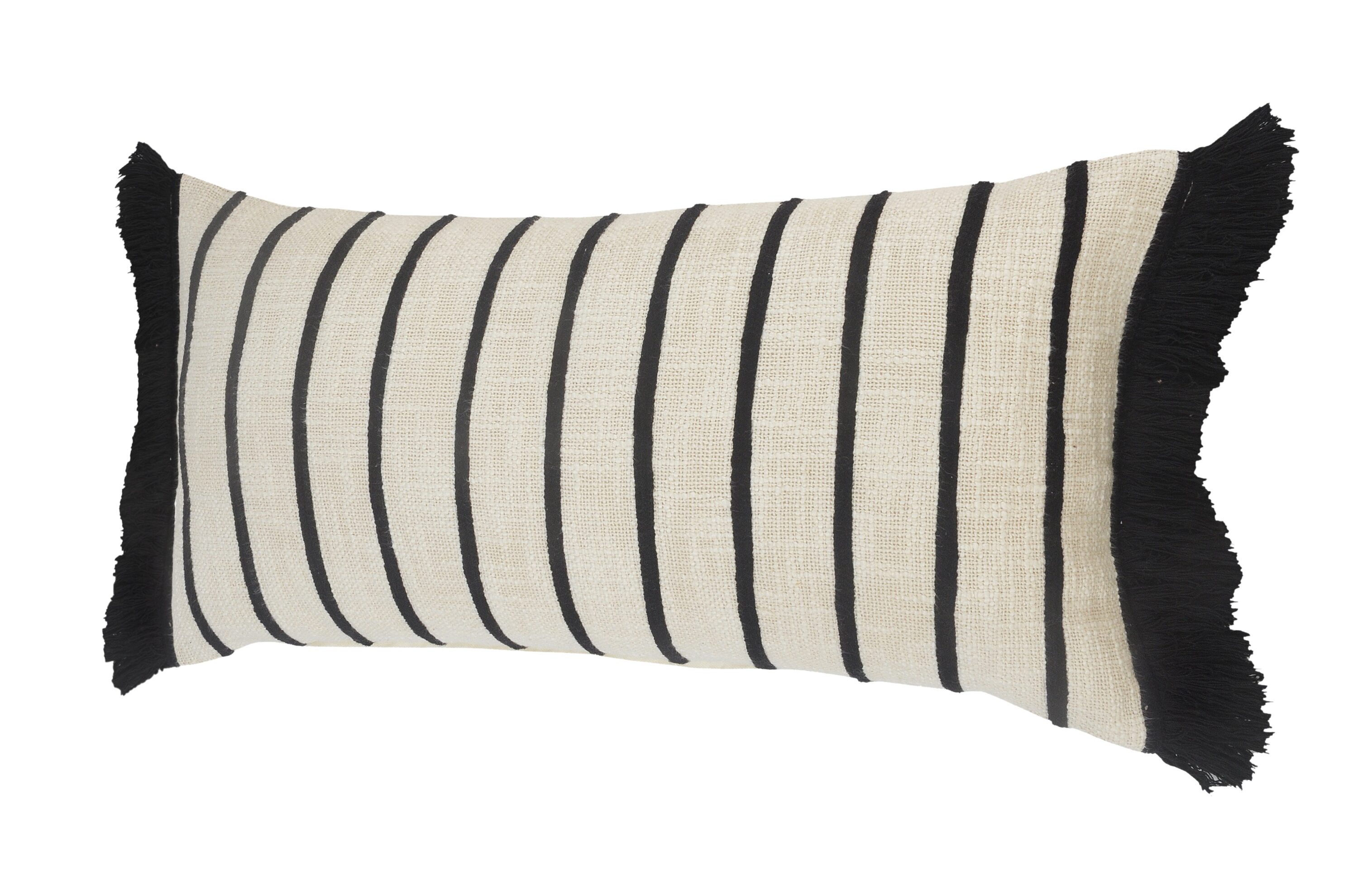 Ivory and Black Striped Cotton Fringe Throw Pillow 28" x 12"