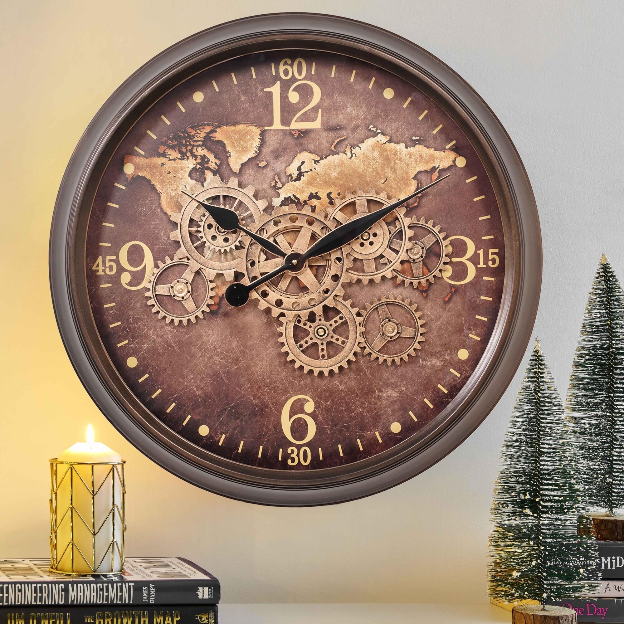 Phewnyzo -  24 Inch Large Wall Clock with Moving Gears Industrial Style Metal Wall Clock with Wor...