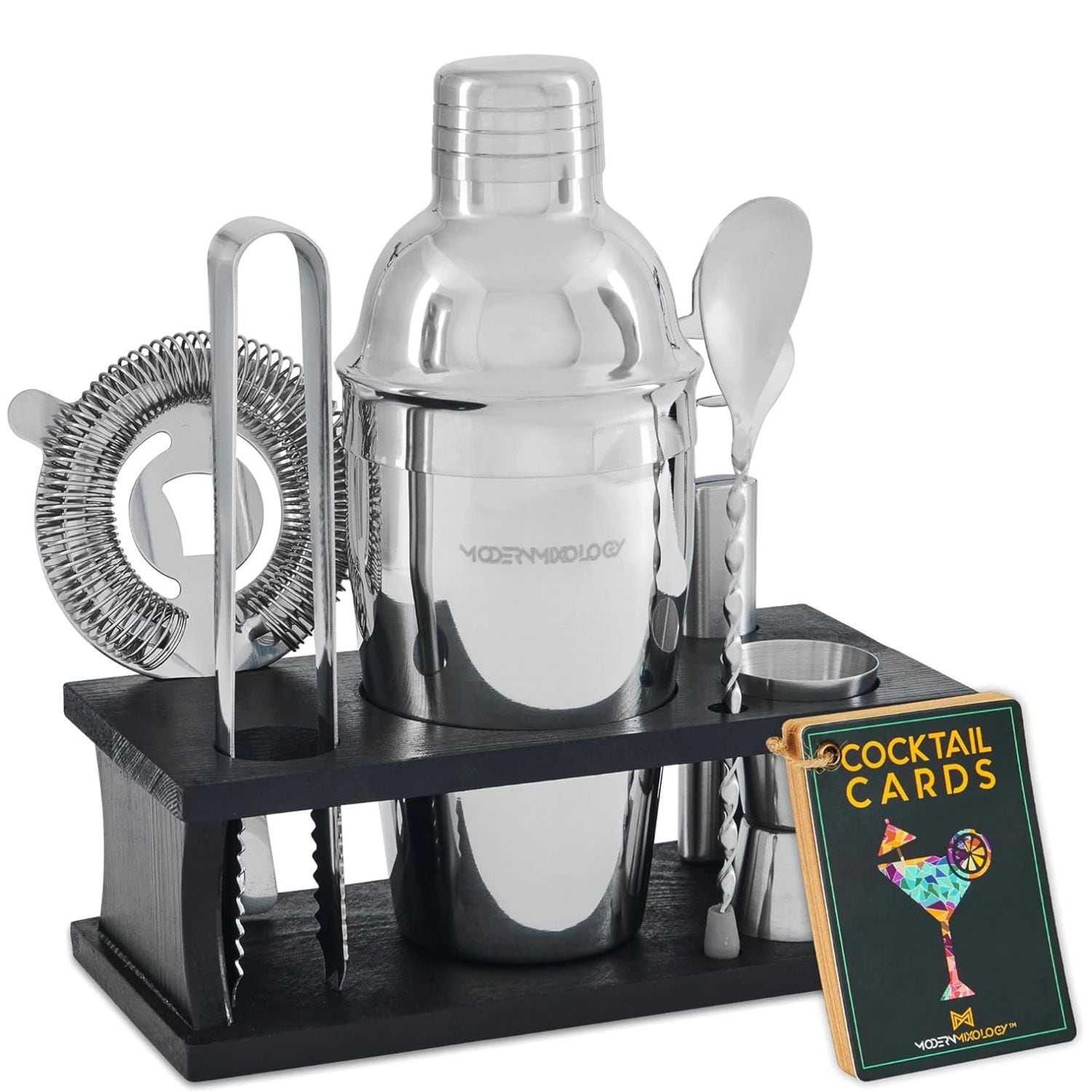 Zulay Kitchen 8 Piece Cocktail Shaker Set Bartender Kit with Pine Stand Leak Proof Bar Tools Set for Home Mixology and Drinks Making
