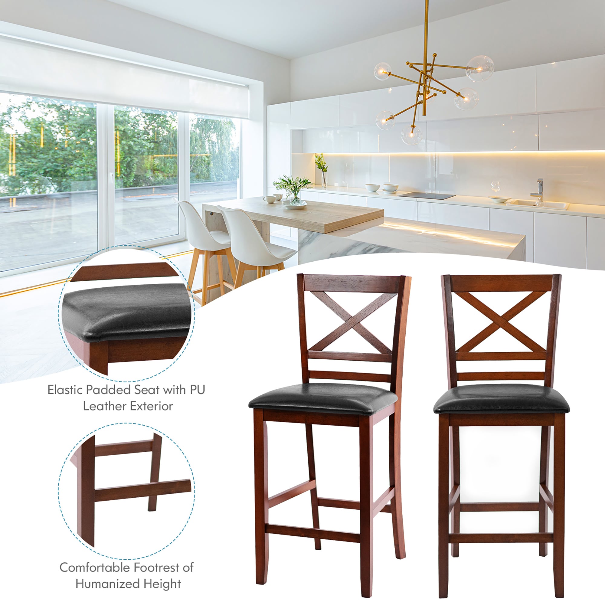 Set of 2 Walnut Wood Bar Stools with Black Leather Seat