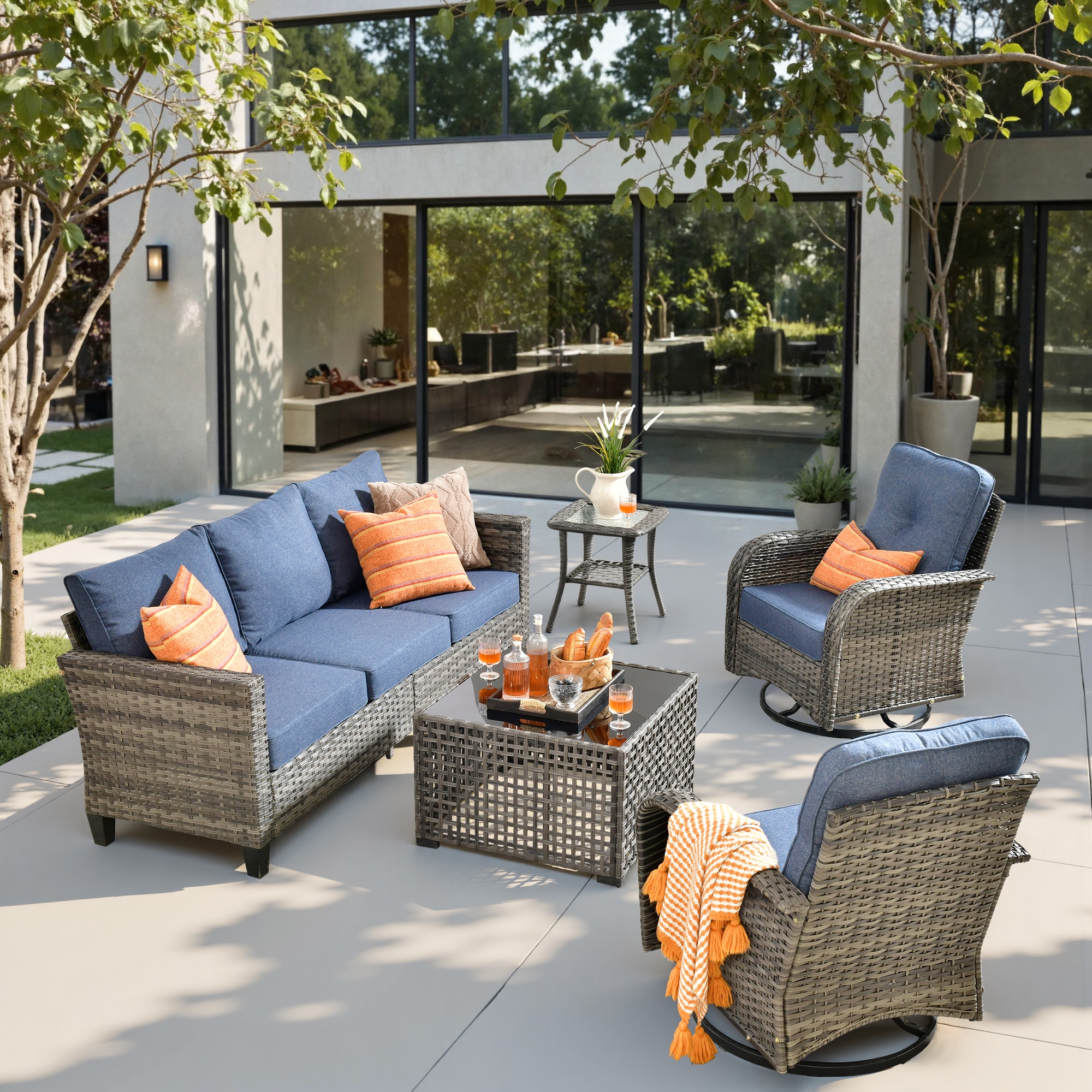 weaxty HMBYZGNCNGRS300S51 Initial 5 -Piece Wicker Patio Sofa Conversation Set with Blue Cushions