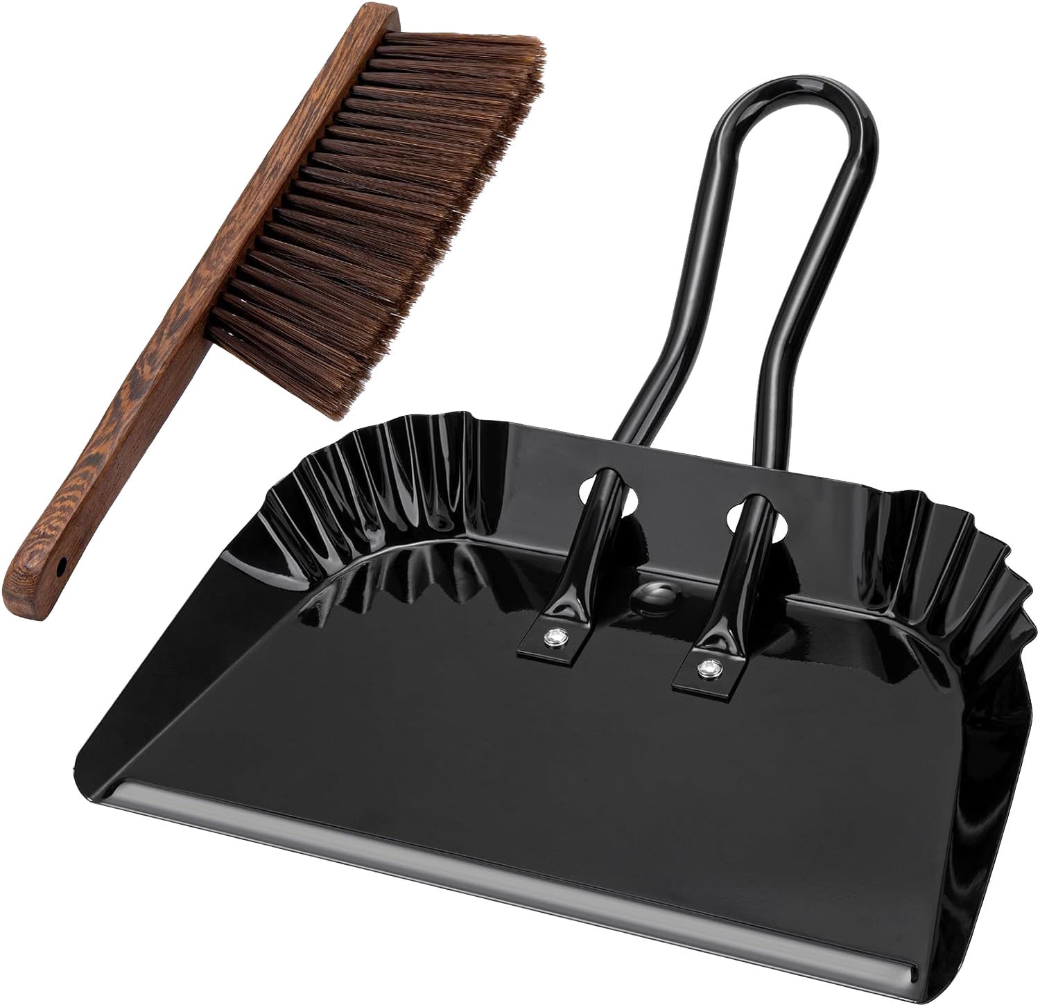 Aoibox  17In Extra Large Dust pan and Brush Set Commercial Heavy Duty Dust Pans and Wood Broom Clip on Dust Pan Metal Edge Flat Against