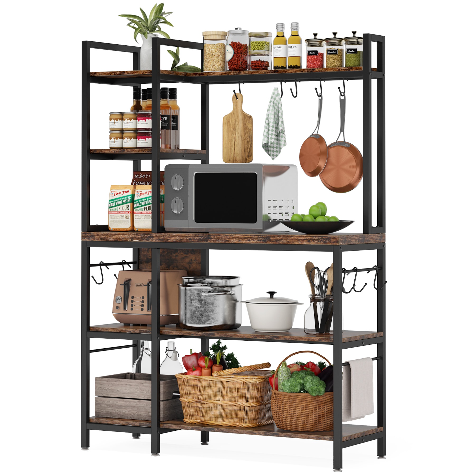 Tribesigns Rustic Brown Metal Bakers Rack with Microwave Stand and
