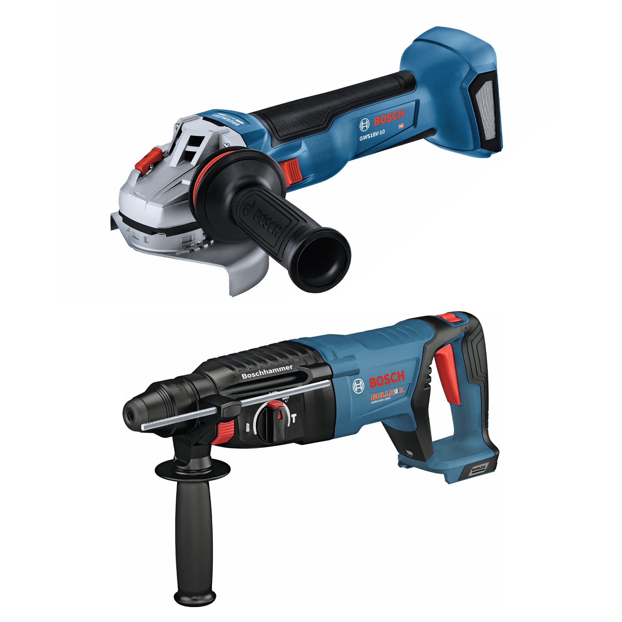 Bosch GBH18V-26DN 18V Brushless SDS-plus Bulldog™ 1 In. Rotary Hammer (Bare Tool), GWS18V-10N 18V Brushless 4-1/2 – 5 In. Angle Grinder (Bare