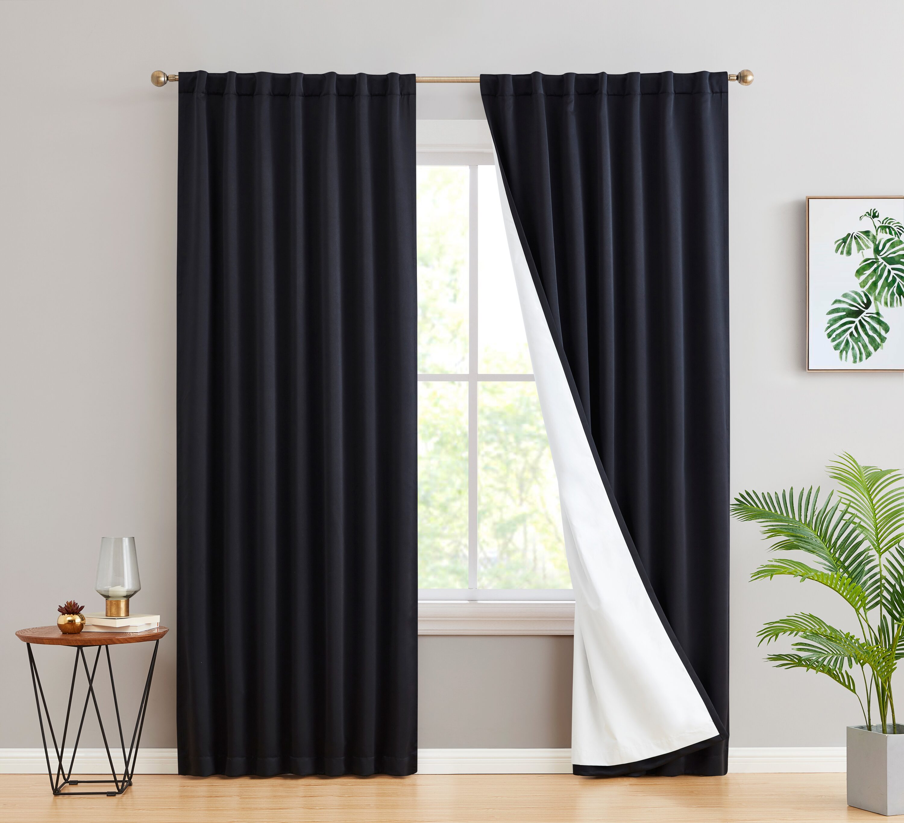 HLC.me HMLTN-BTRP-BLK63 63-Inches Black Blackout Thermal lined Rod pocket Curtain panel pair