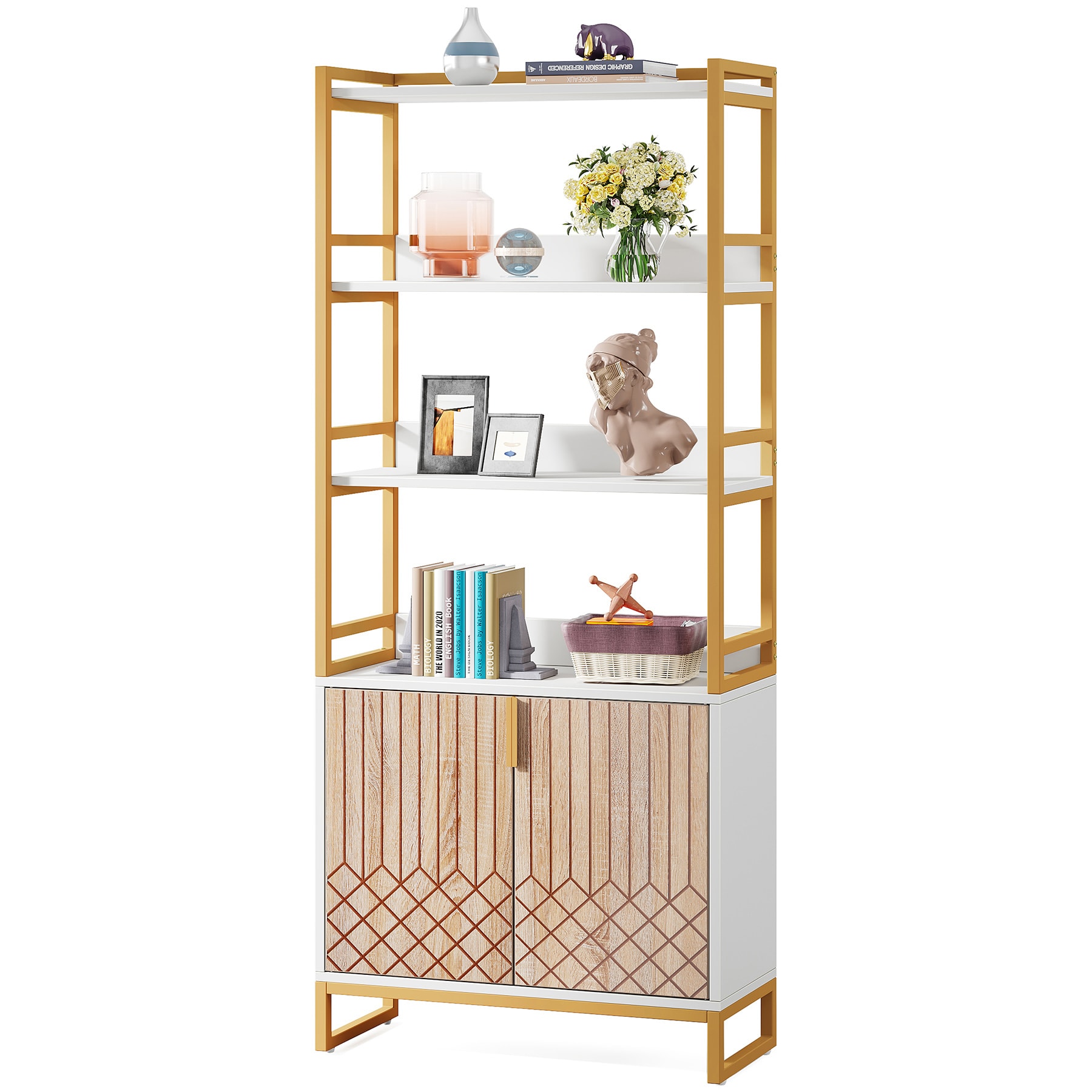 Tribesigns White and Gold Metal 6-Shelf Corner Bookcase with Doors (15.75-in W x 73.22-in H x 15.75-in D) Unfinished | HOGA-NY051