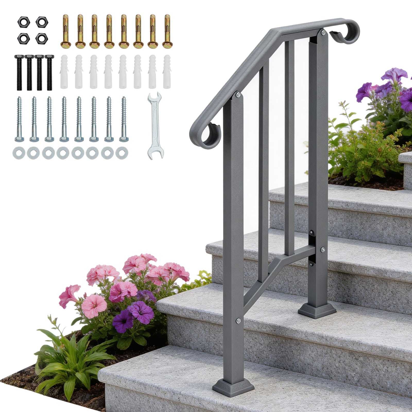 VINGLI 1 to 2 Steps Stair Handrails for Outdoor Steps/Wrought Iron Hand Rail Stair Railing Kit for Concrete Porch Wooden Steps Gray