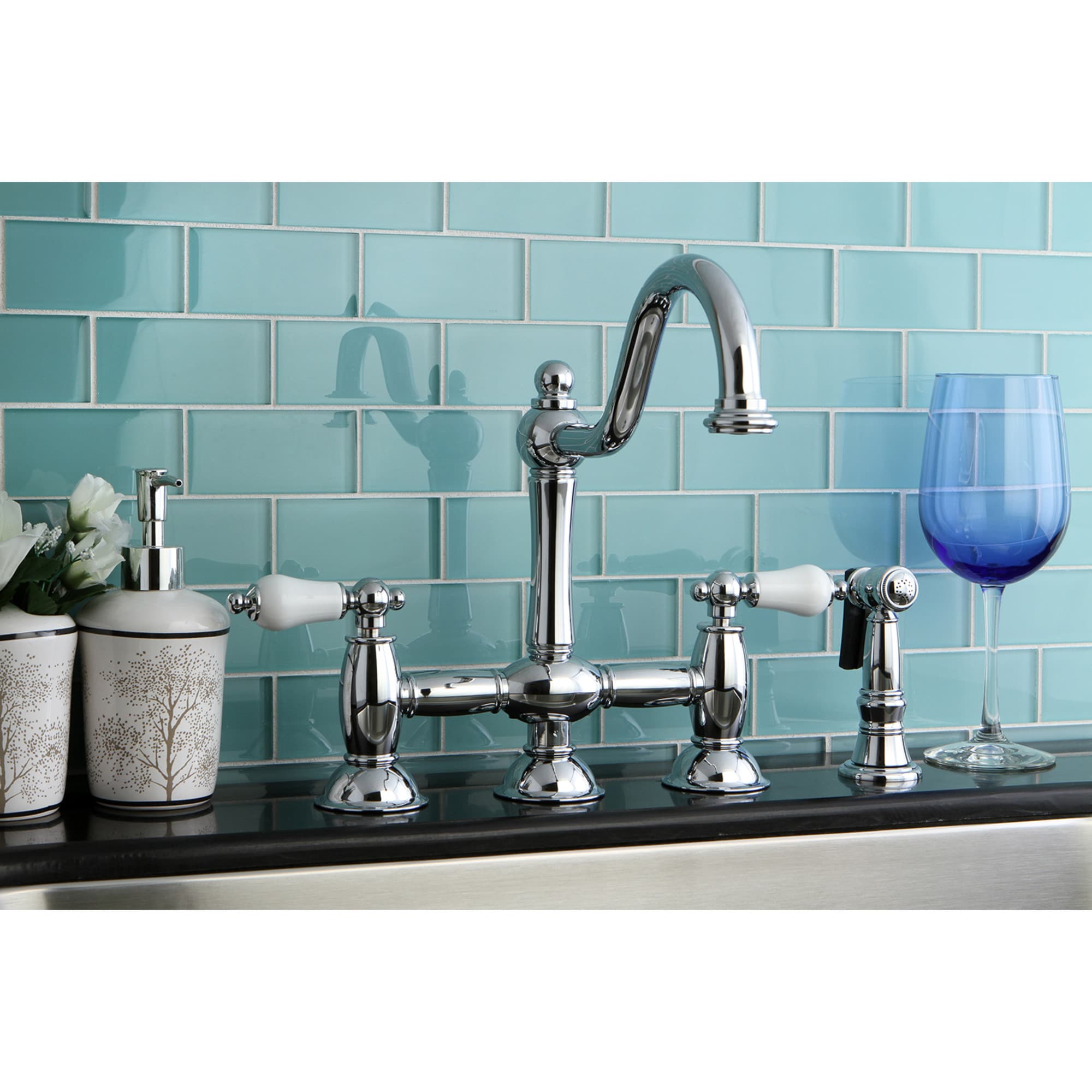 Kingston Brass WLKS3791PLBS Restoration Polished chrome Double Handle Deck-mount Bridge Kitchen Faucet with Sprayer ( Side Sprayer Included )