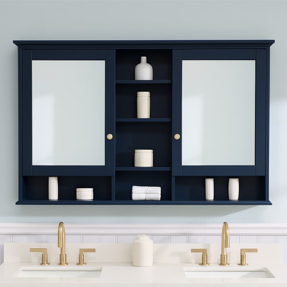 LIVIZA UCJ-WMC55YS1NB NAT2 Solid Wood Cabinet 55-in x 35-in Surface Mount Navy Blue Mirrored Rectangle Soft Close Medicine Cabinet