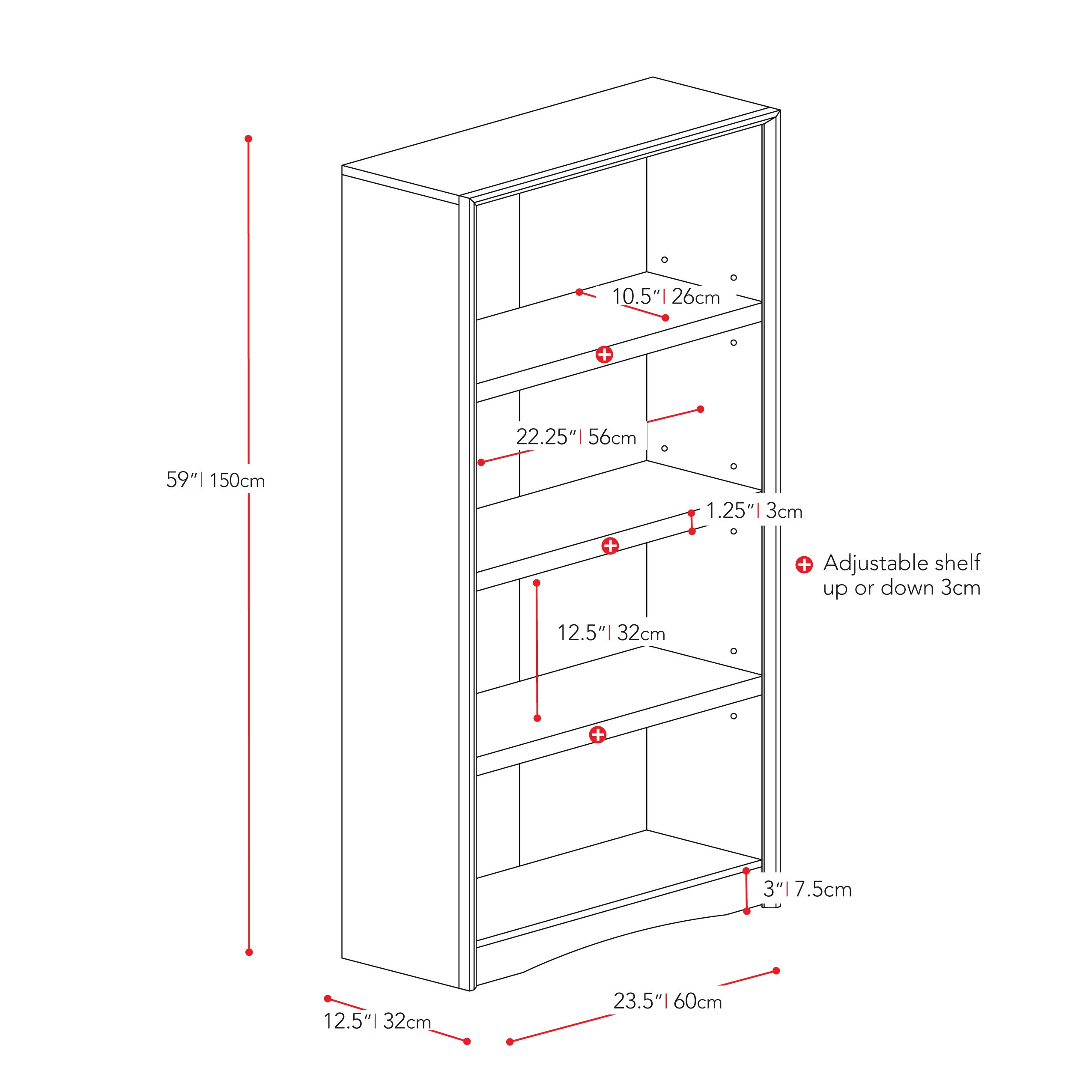 59 Adjustable 4 Shelf Quadra Bookcase Faux Woodgrain Finish White -  CorLiving