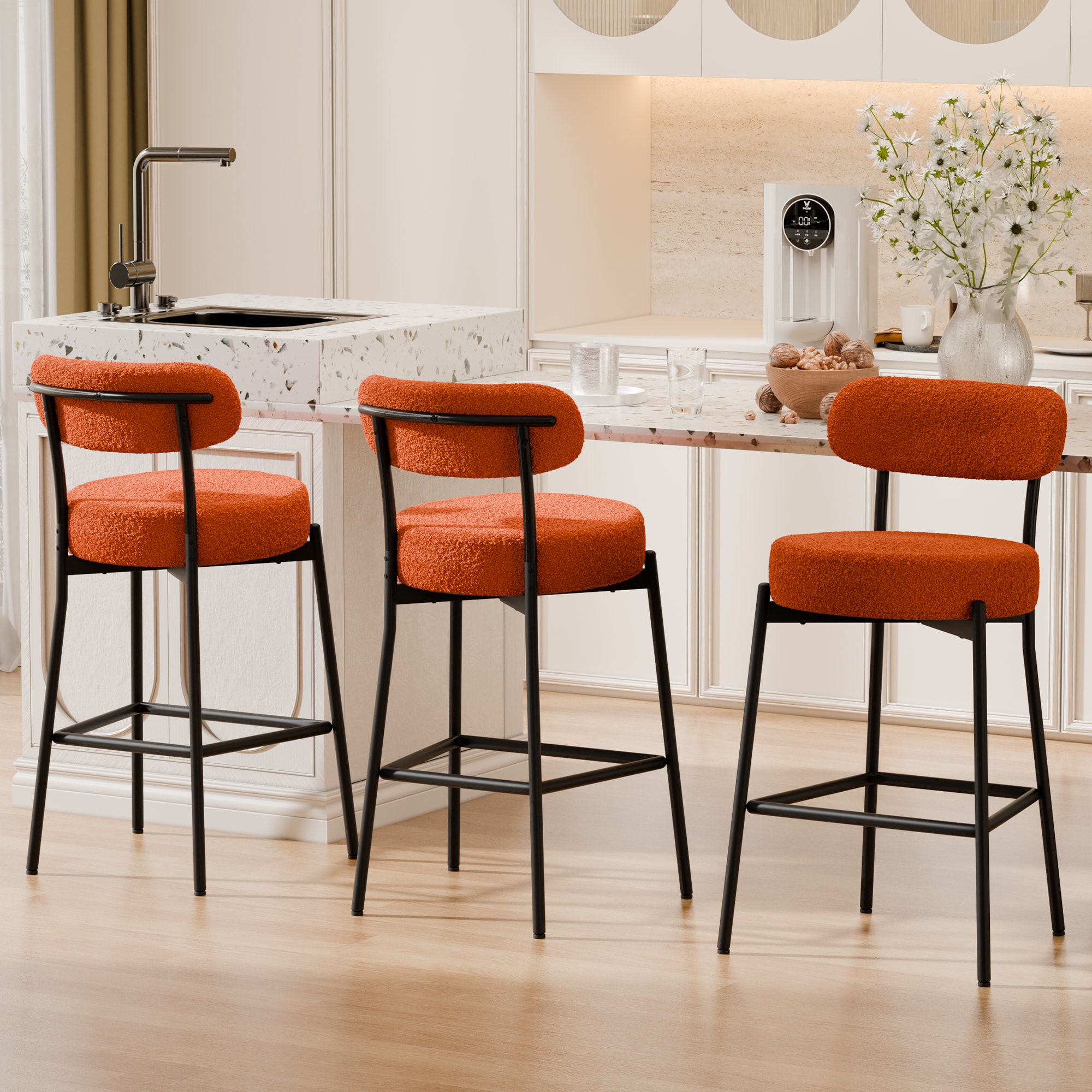 DYHOME Set of 3 Bar Stools 24-in Counter Height Bar Stools Mid-Century Modern Bar Stools with Back and Black Metal Frame for Home Bar and Dining Room Orange