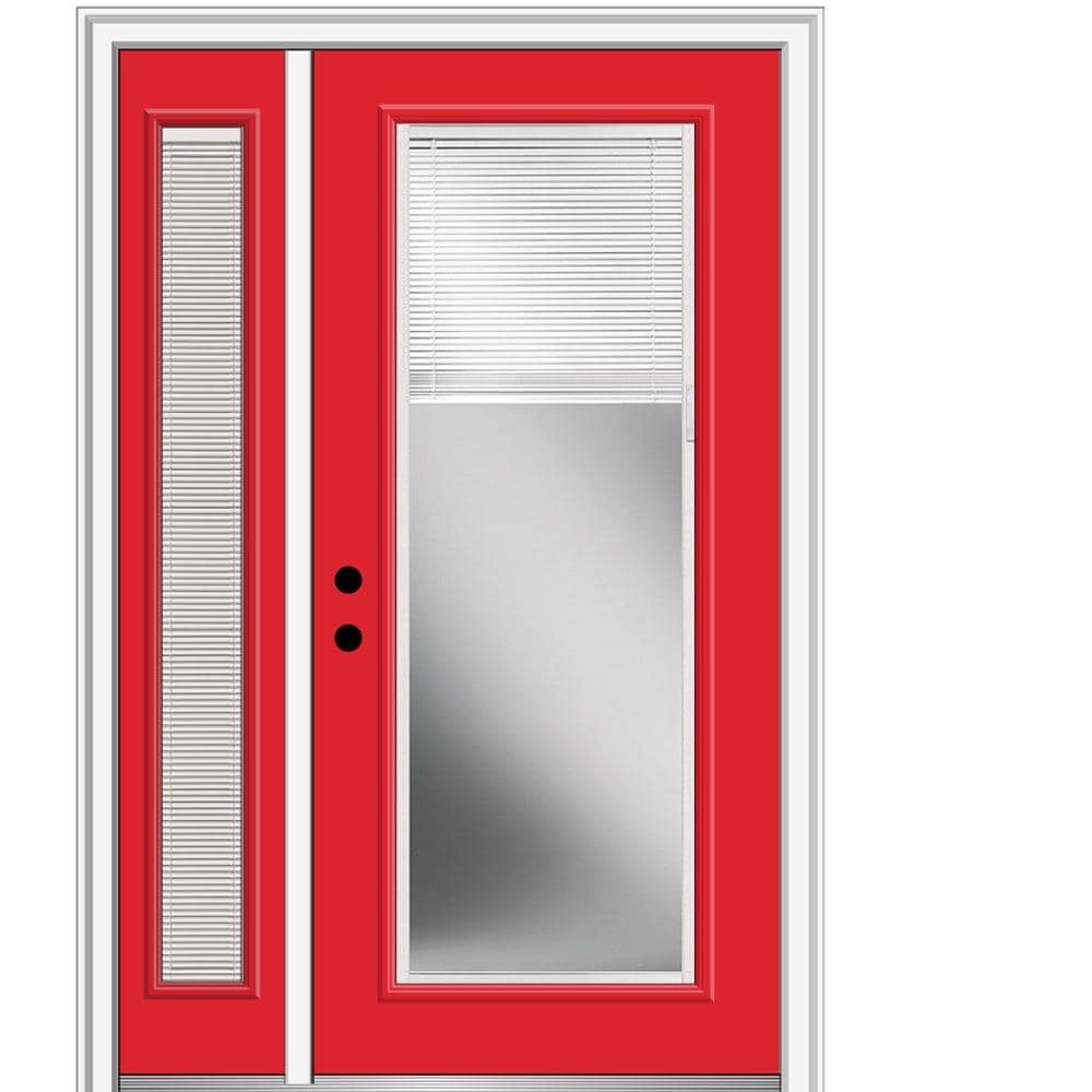 MMI DOOR ZZ362024R 48-in x 80-in x 4-9/16-in Fiberglass Full lite Right-hand inswing Red Saffron Painted Prehung Front Door with Left Sidelight with Brickmould Insulating core with Blinds