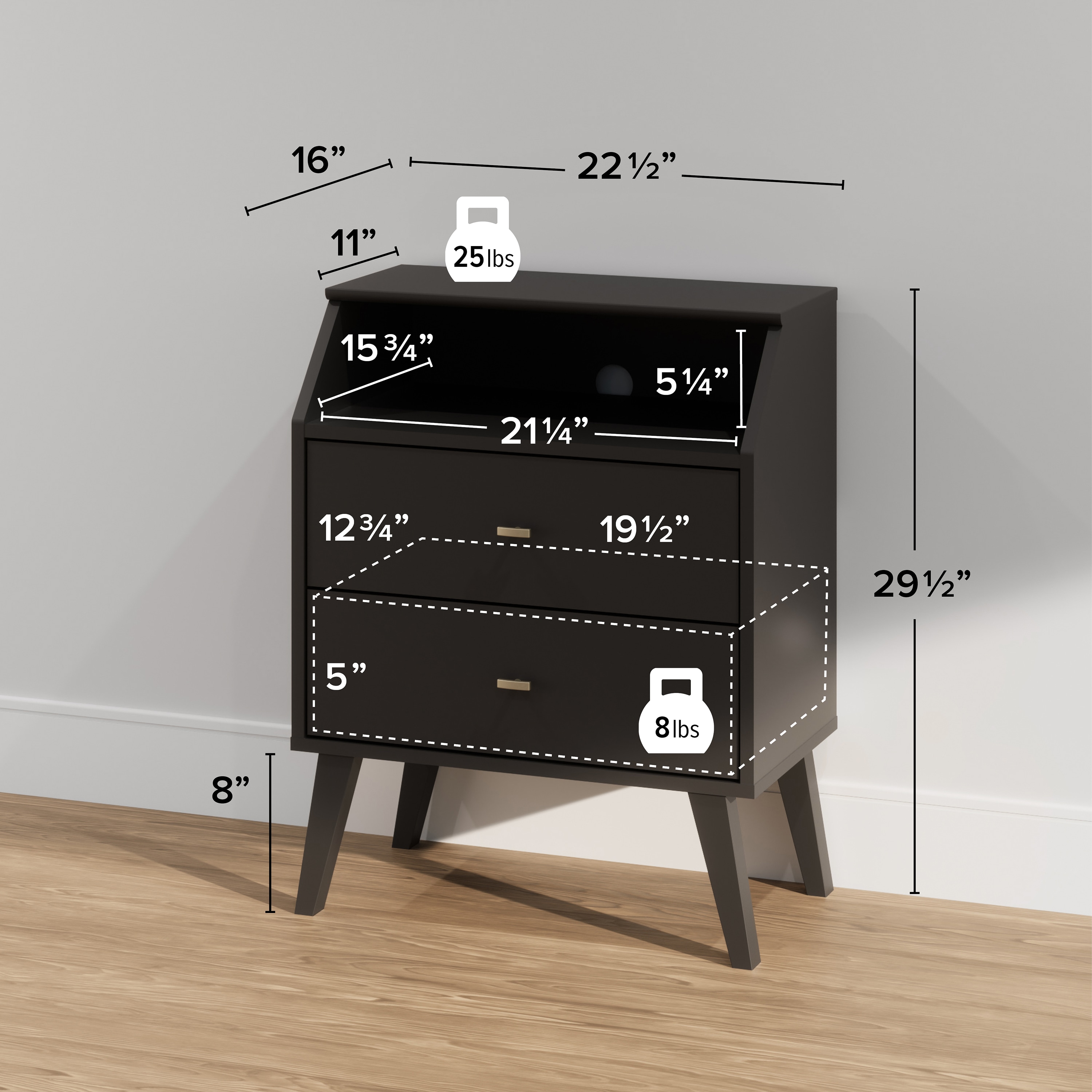 Milo Mid-Century Modern Black 2-Drawer Nightstand with Brass Knobs