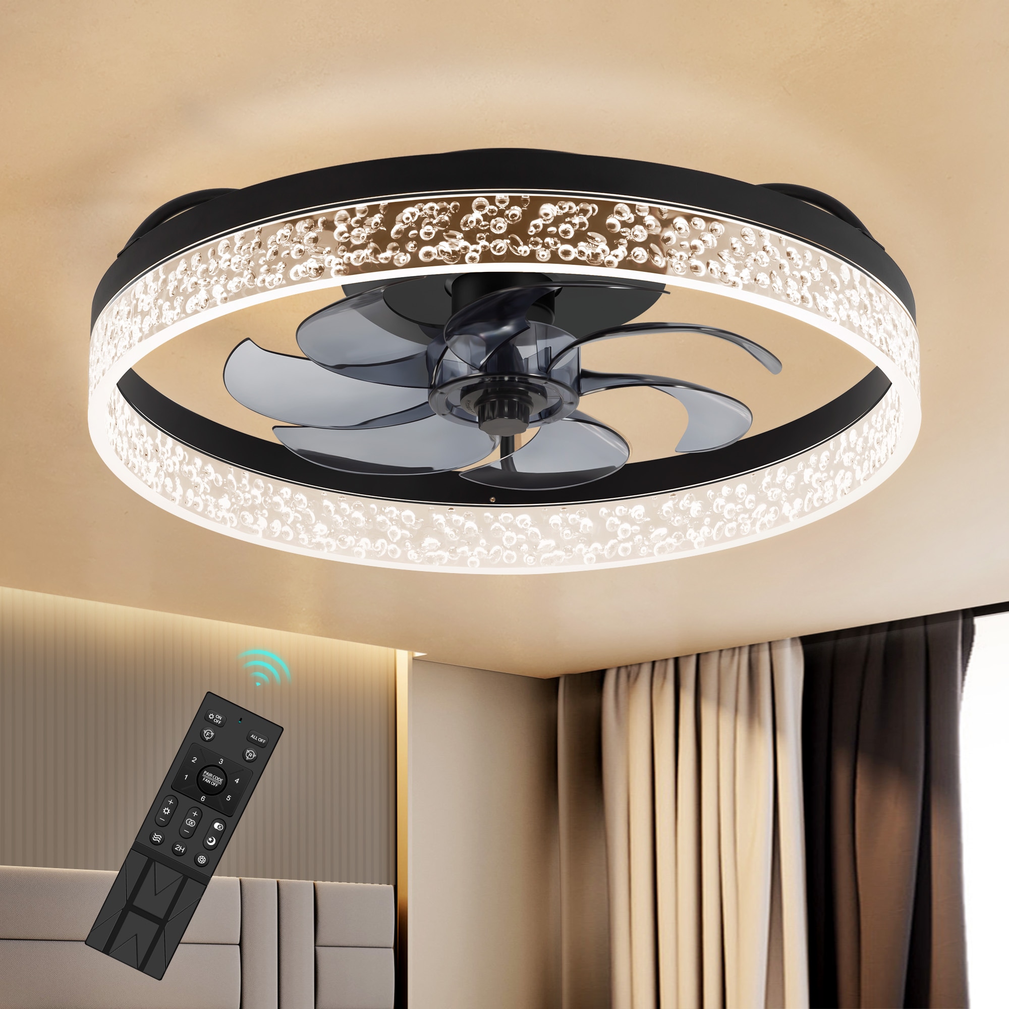 Breezary 33053-BK 20-in Color-Changing Integrated LED Flush Mount Matte Black with Blue-gray Blades Fandelier Ceiling Fan With Light - Remote Included ( 7 -Blade )