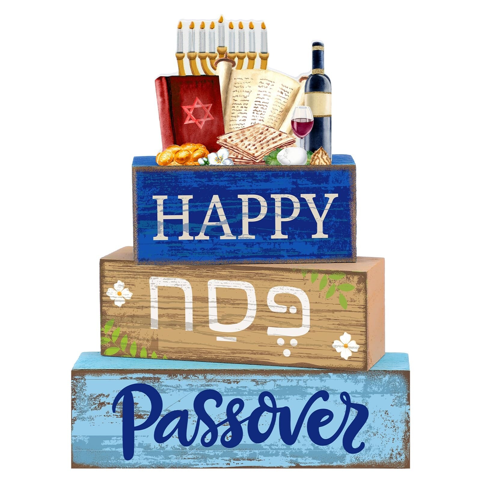 Anqtovp  4 pcs Passover Table Decorations Wooden Menorah Centerpieces Jewish Holiday Seder Meal Tabletop Topper for Mantel Shelf and Dining Room