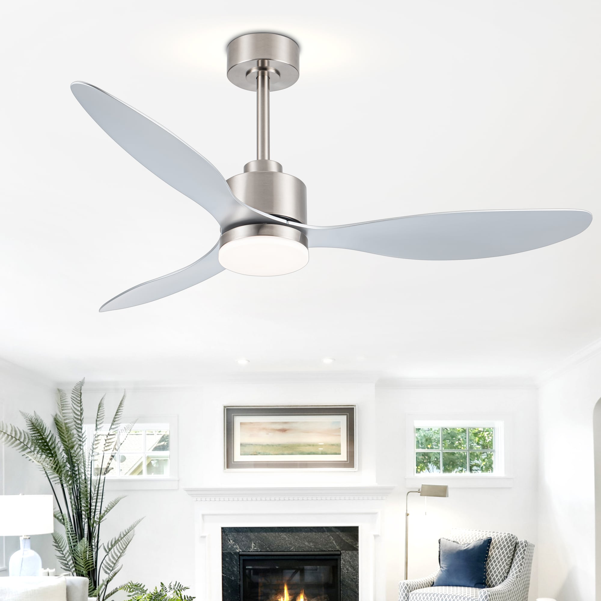 Breezary 52-in Brushed Nickel with Abs Blades Color-changing Integrated LED Indoor/Outdoor Propeller Ceiling Fan with Light and Remote (3-Blade) -  30007-BN