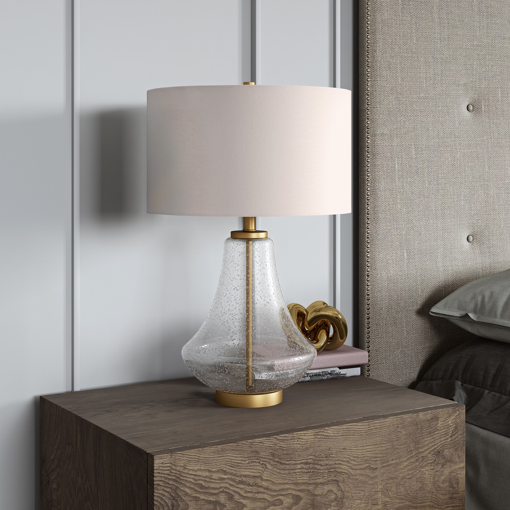 Hudson Canal Lagos Seeded Glass Table Lamp with Flax Shade Brushed Brass