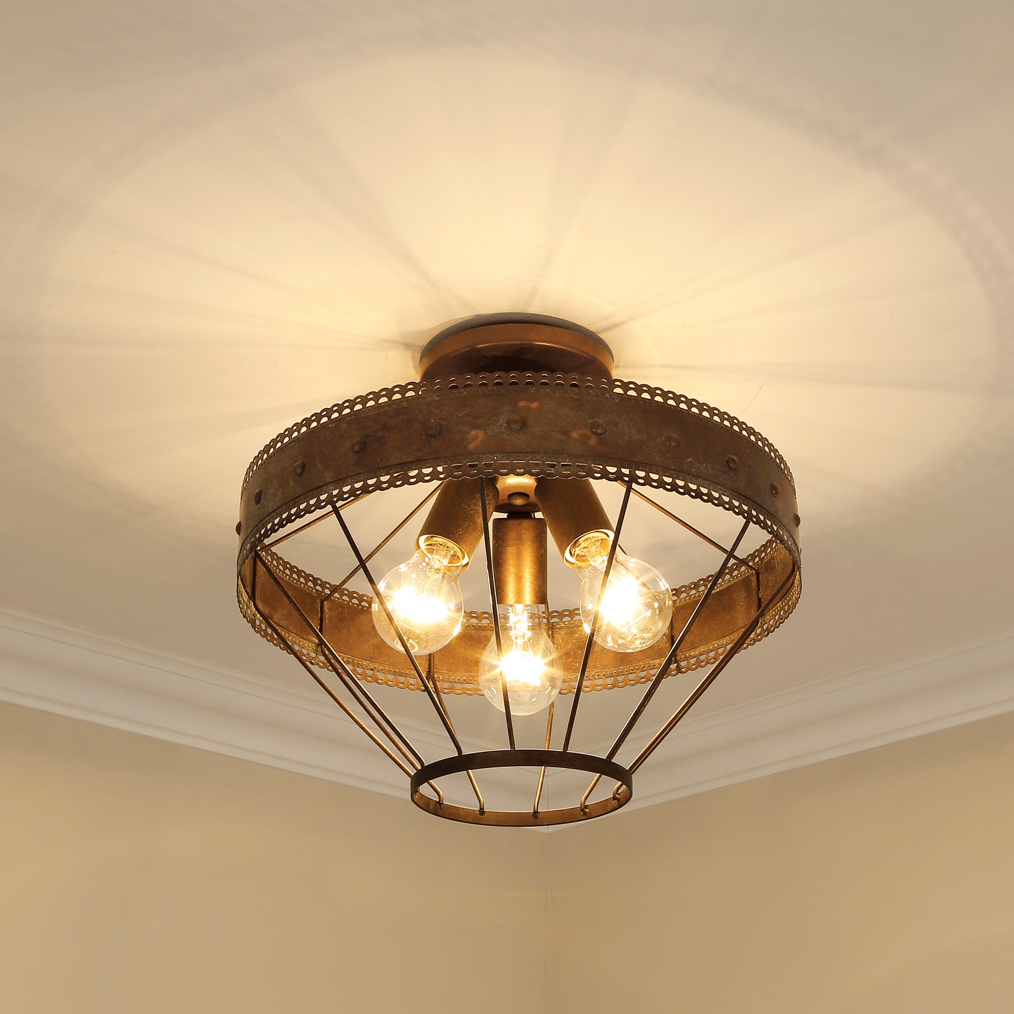 Ferris 15" Copper Patina Scallop-Detail Semi-Flush Light