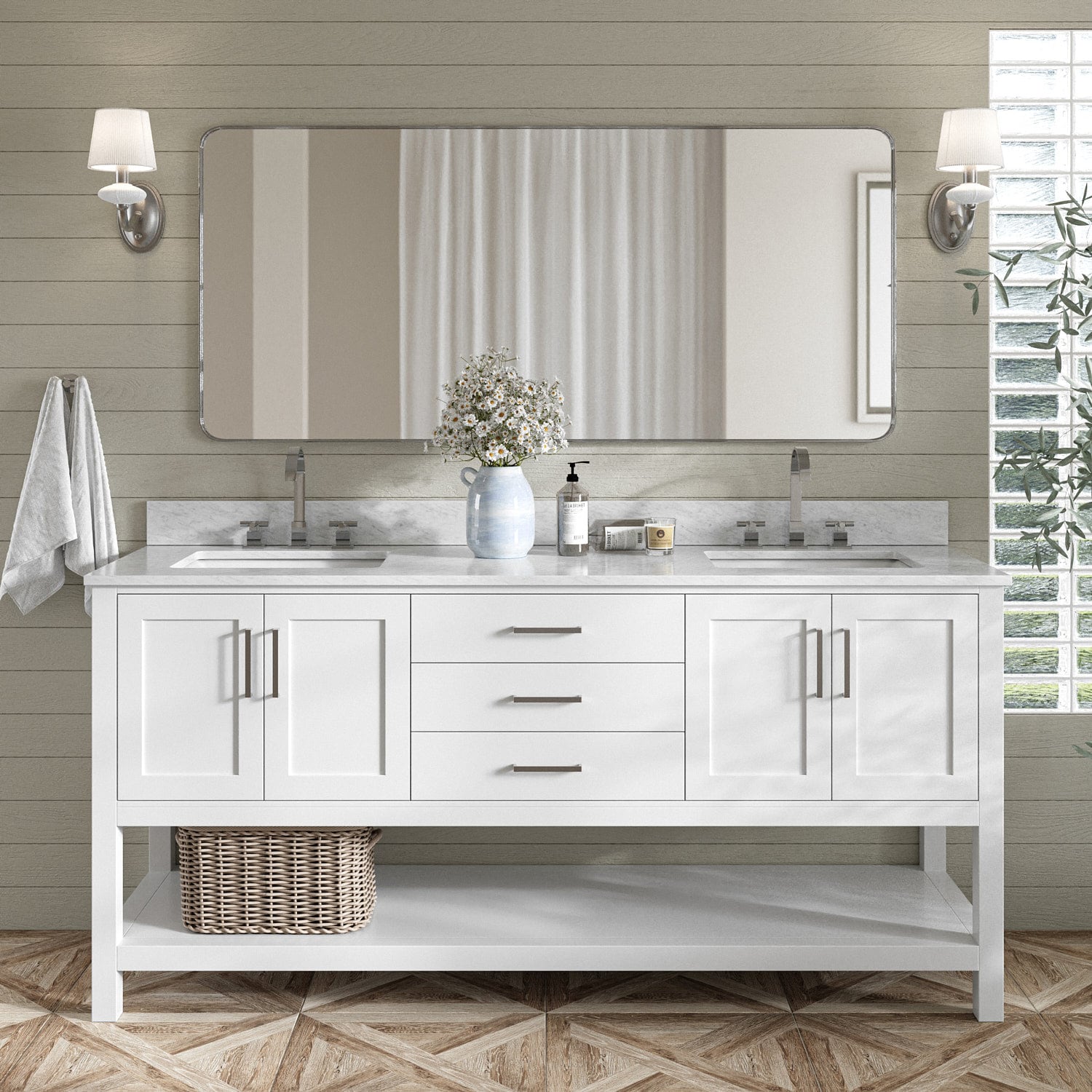 ARIEL S073DCW2RVOWHT Magnolia 73-in White Undermount Double sink Bathroom Vanity with 0.75" Carrara White Marble Natural marble Top