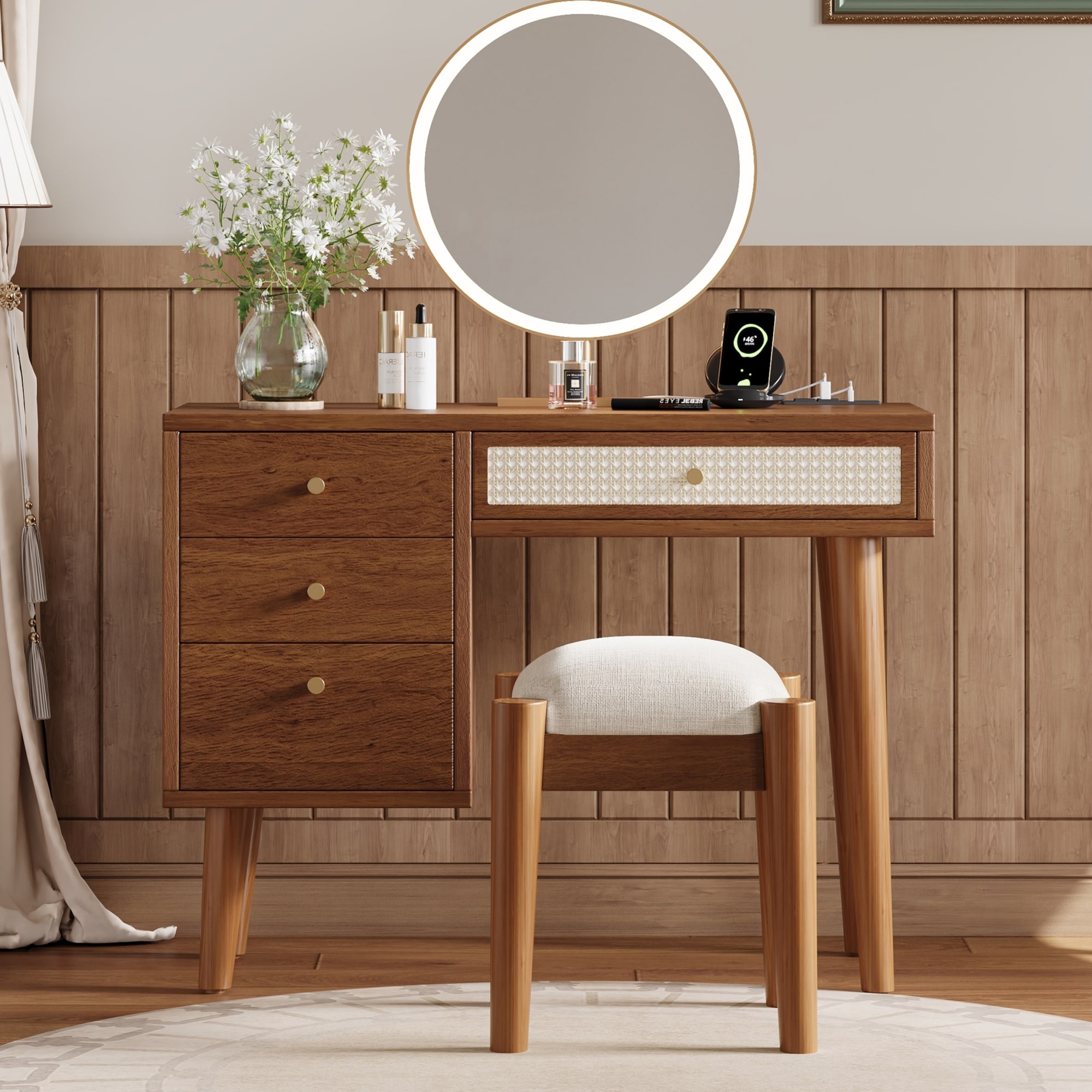 LOVMOR SF-R-N733P180011D 39 inch Retro Bohemian Style Wooden Makeup Vanity Set with Charging Plug and USB Port and Stool