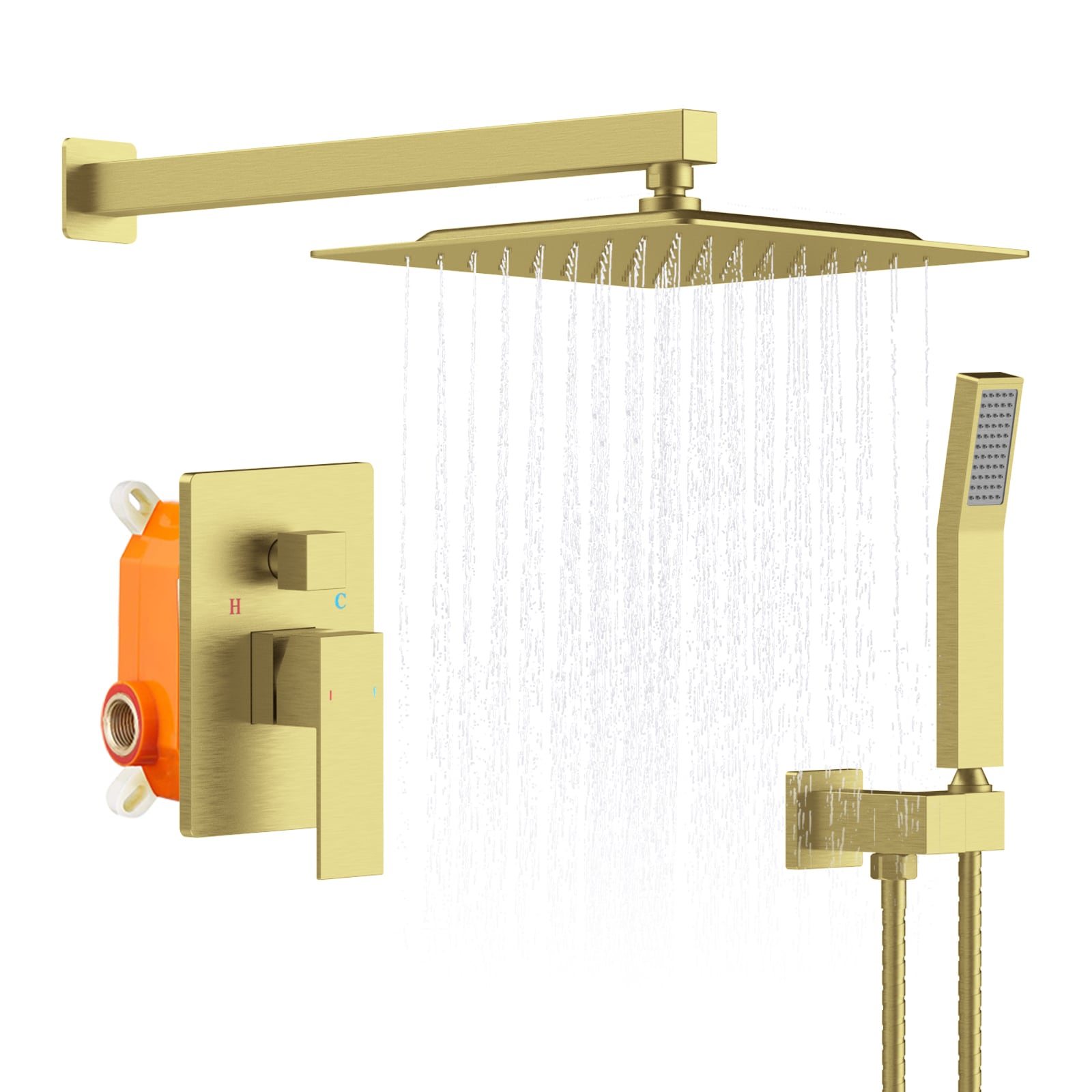 AAZJ LG-103861 Shower Systems Brushed Gold 12-in Waterfall Dual Head Shower Faucet Bar System with 2-way Diverter ( Pressure-balanced Valve Included )