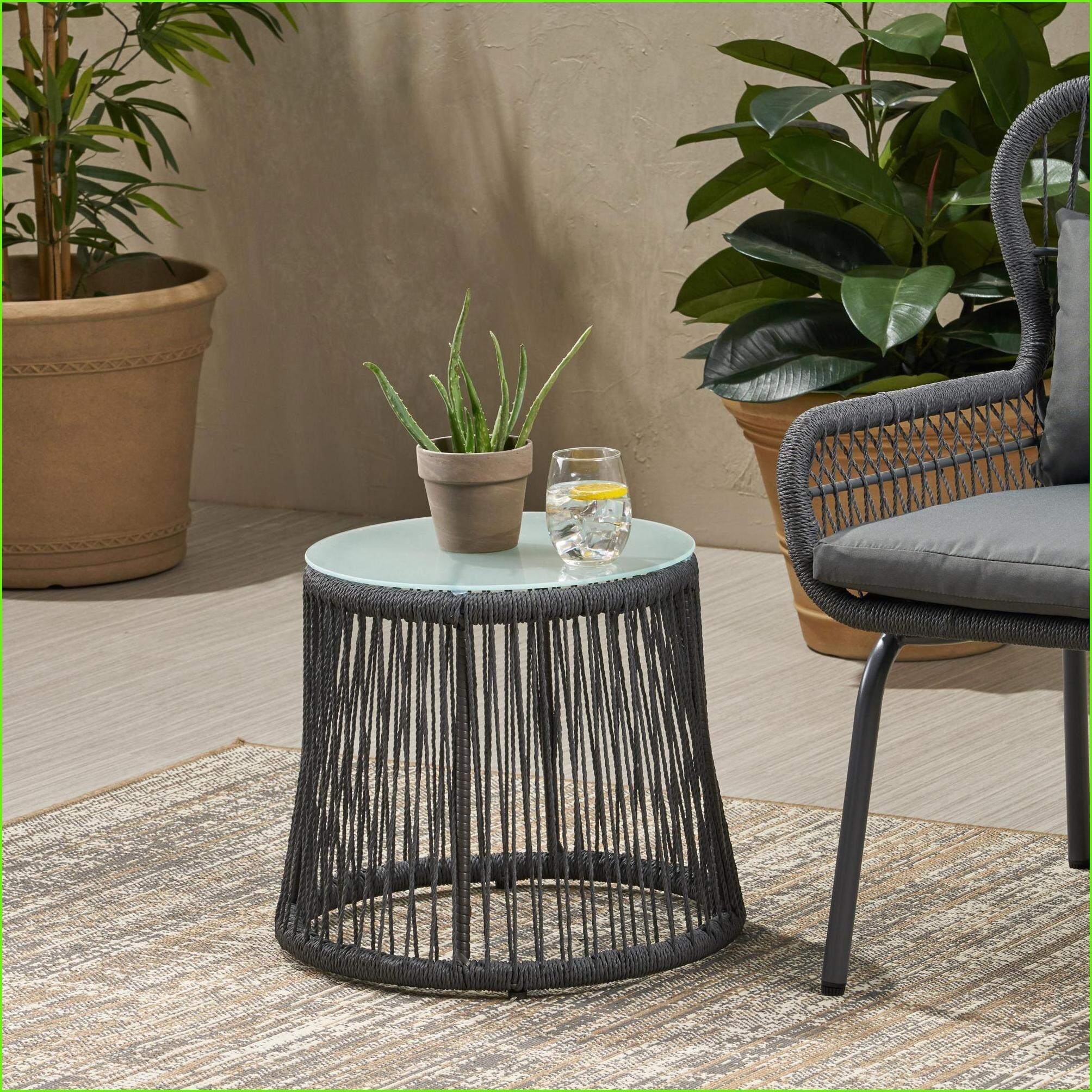 Watnature Patio Boho Outdoor Side TableGray Steel n ampWoven Rope ...