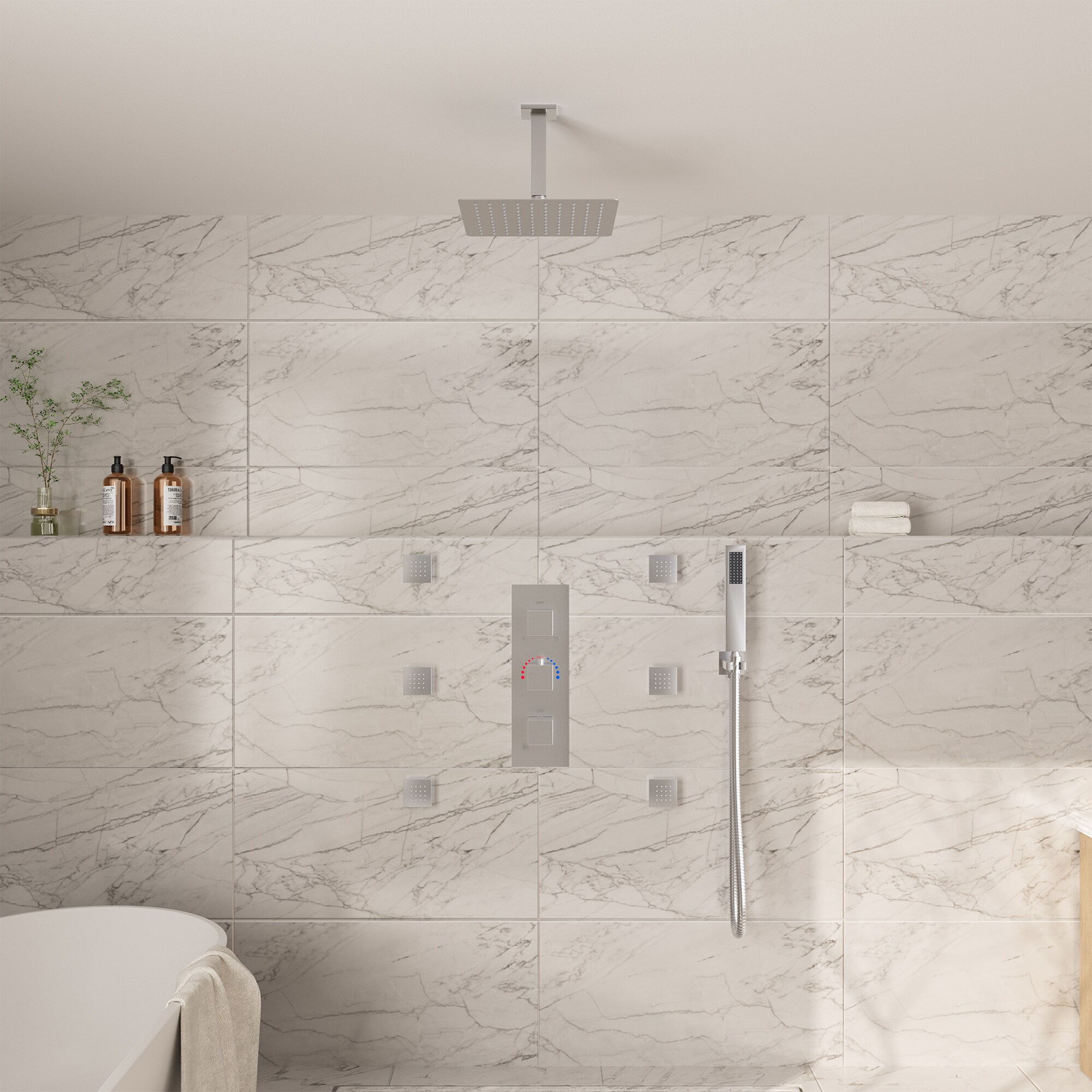 Brushed Nickel Ceiling Mounted Dual Shower System with Body Jets