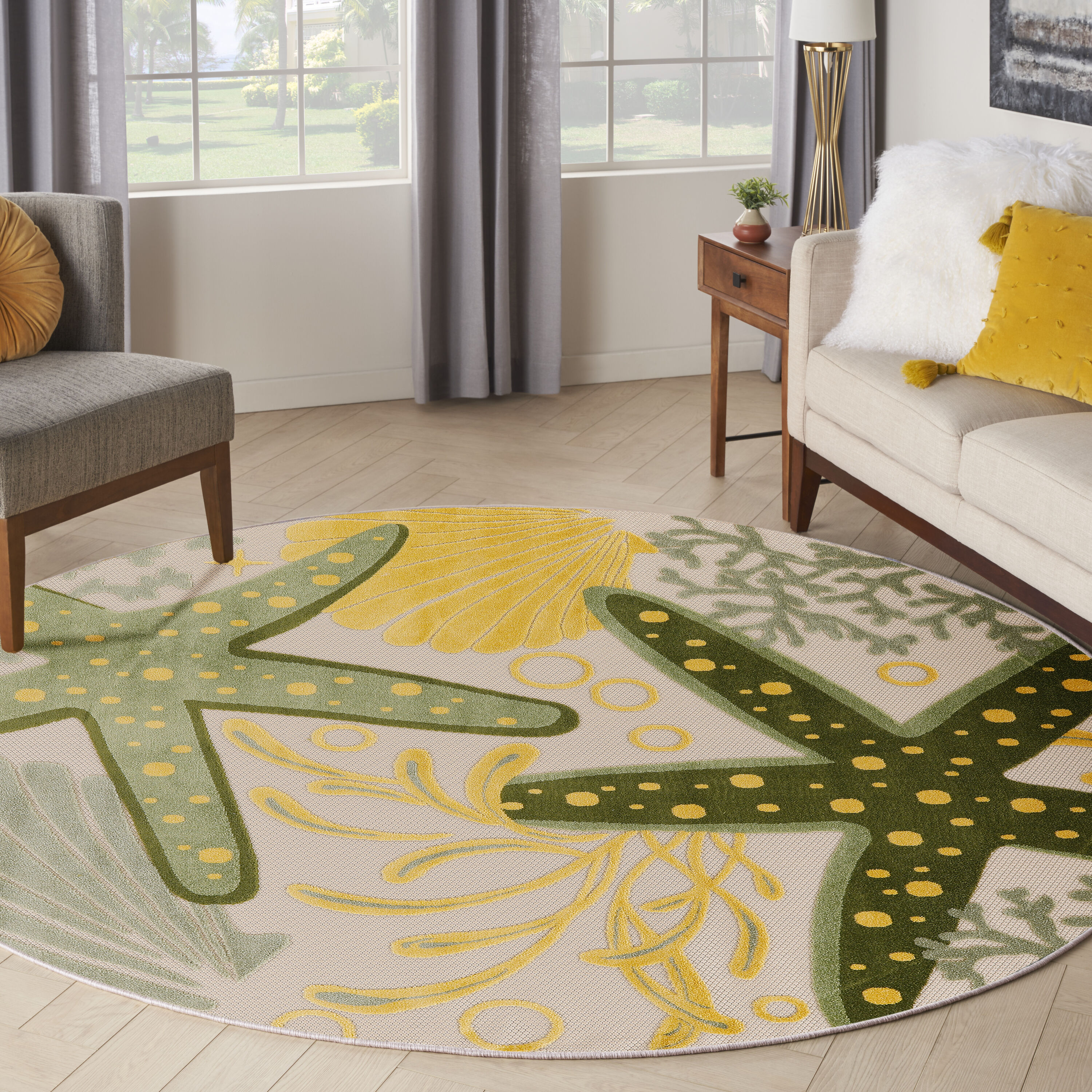Nourison Home 099446953414 8 x 8 (ft) Loomed Polypropylene Green Yellow Round Indoor/Outdoor Floral/Botanical Coastal Area rug